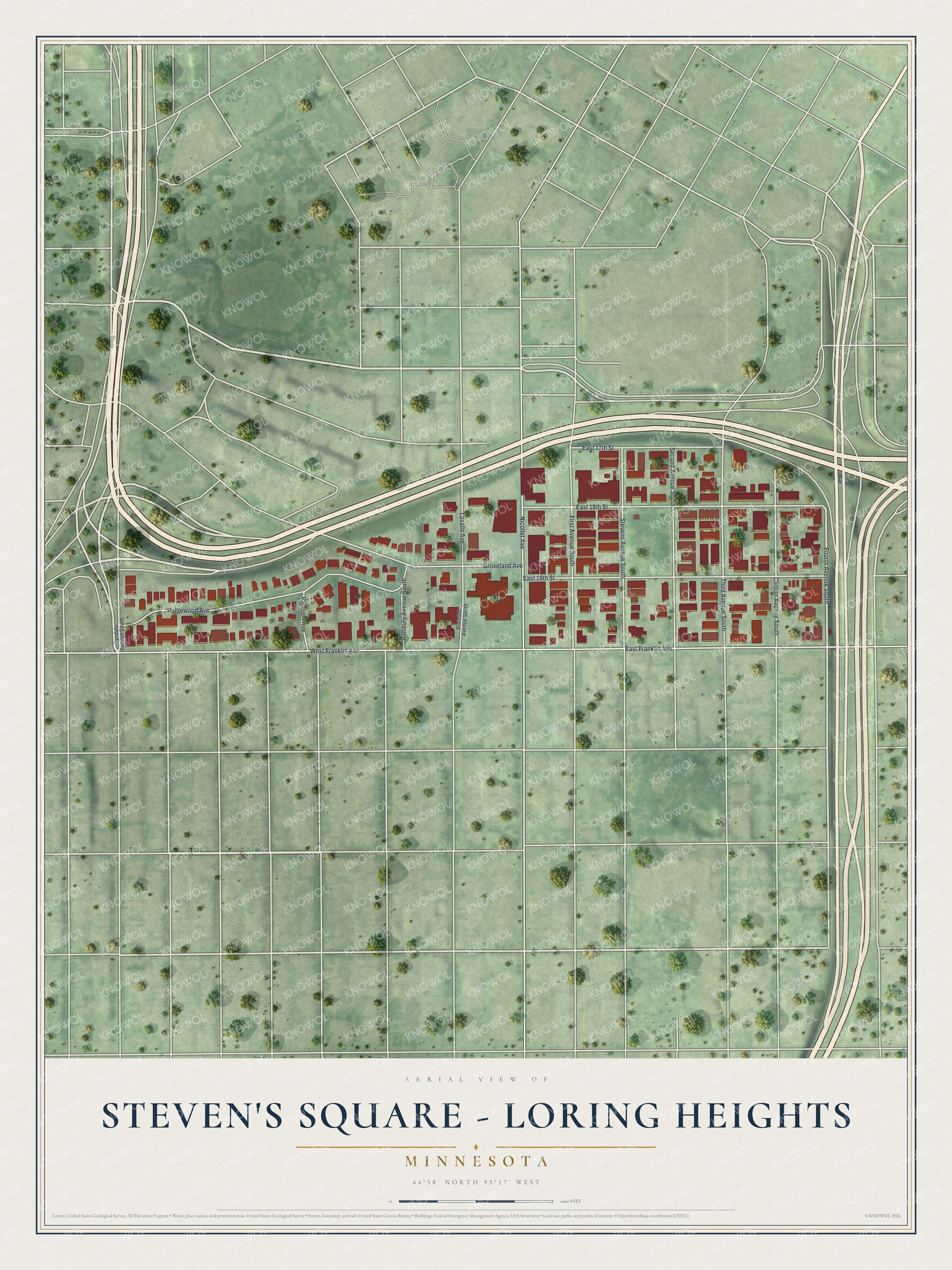 Full map of Steven's Square - Loring Heights, Minnesota, with red buildings, printed street names and the land around them