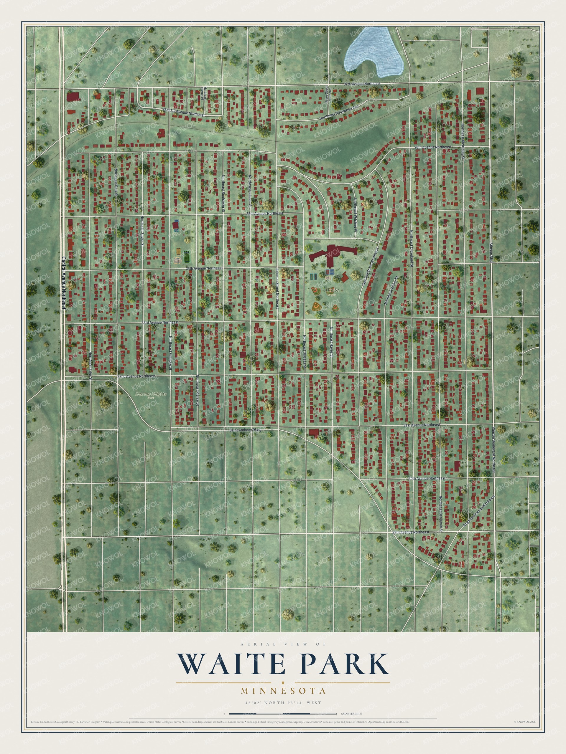 Full map of Waite Park, Minnesota, with red buildings, printed street names and the land around them