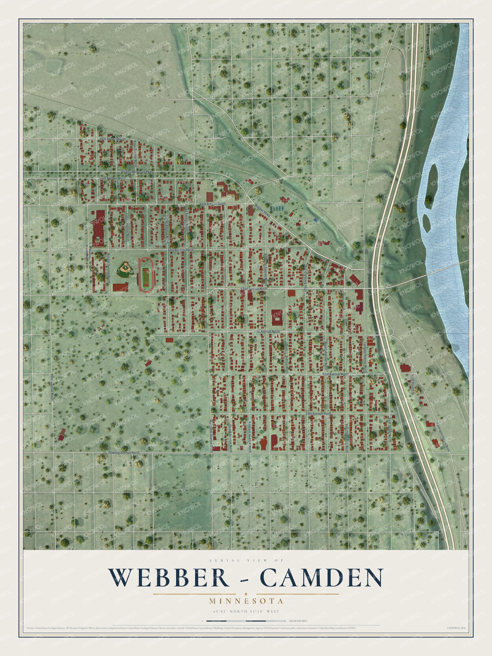 Full map of Webber - Camden, Minnesota, with red buildings, printed street names and the land around them