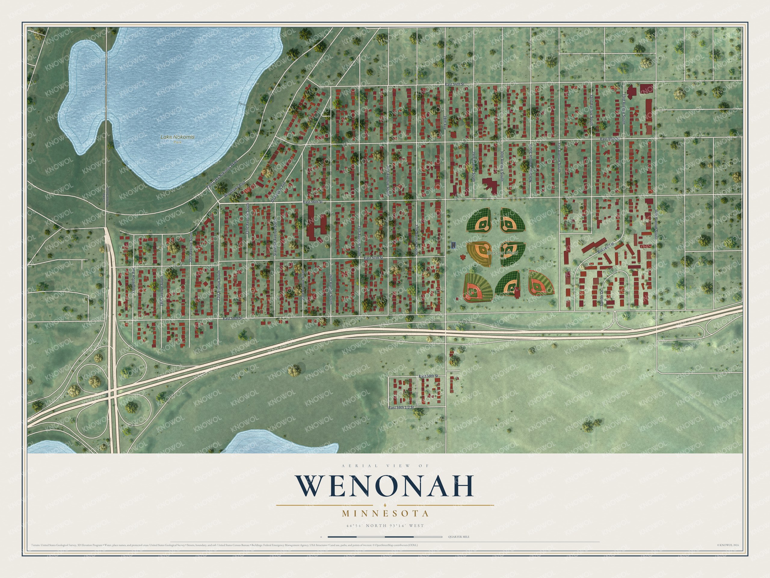 Full map of Wenonah, Minnesota, with red buildings, printed street names and the land around them