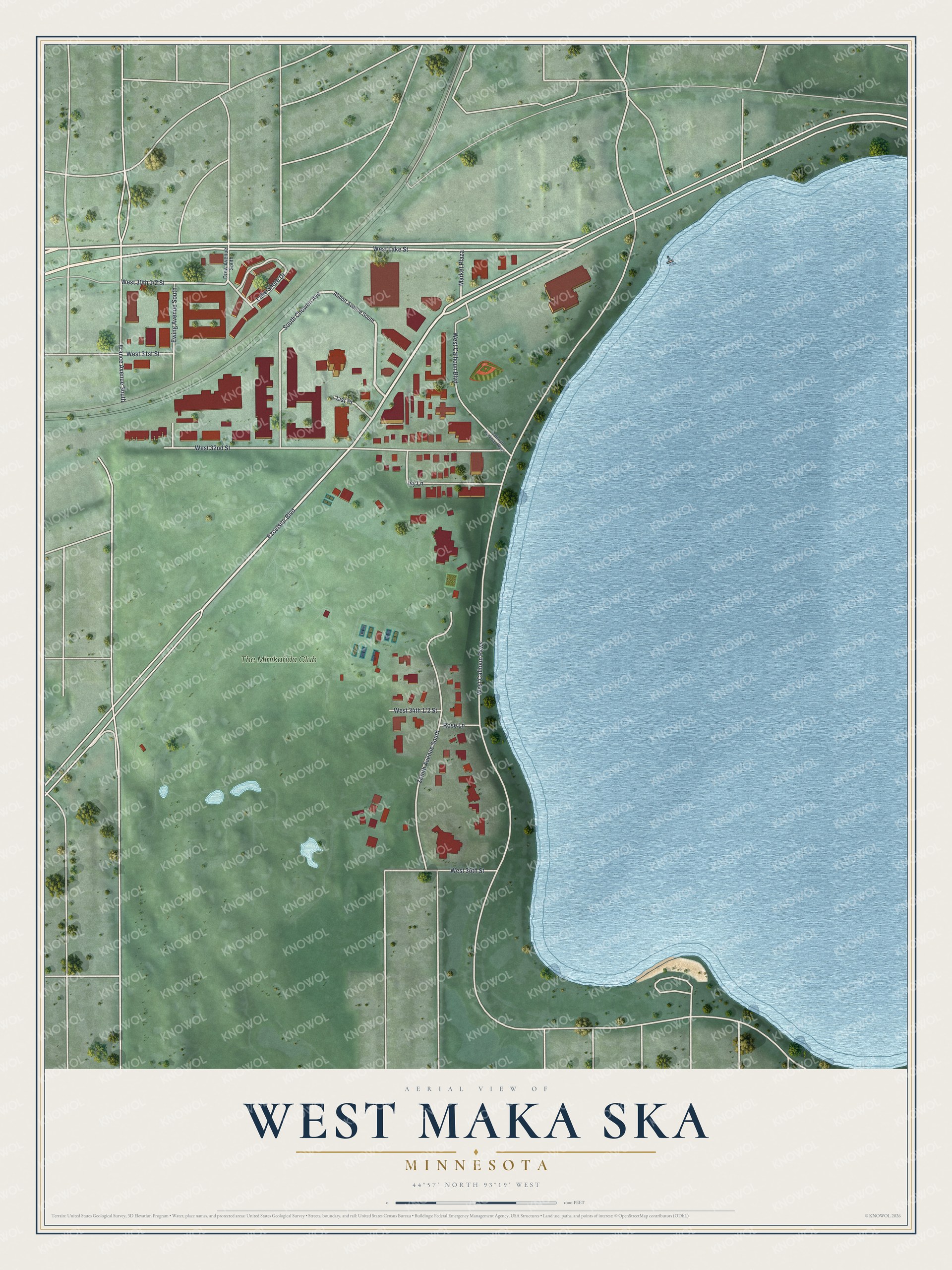 Full map of West Maka Ska, Minnesota, with red buildings, printed street names and the land around them