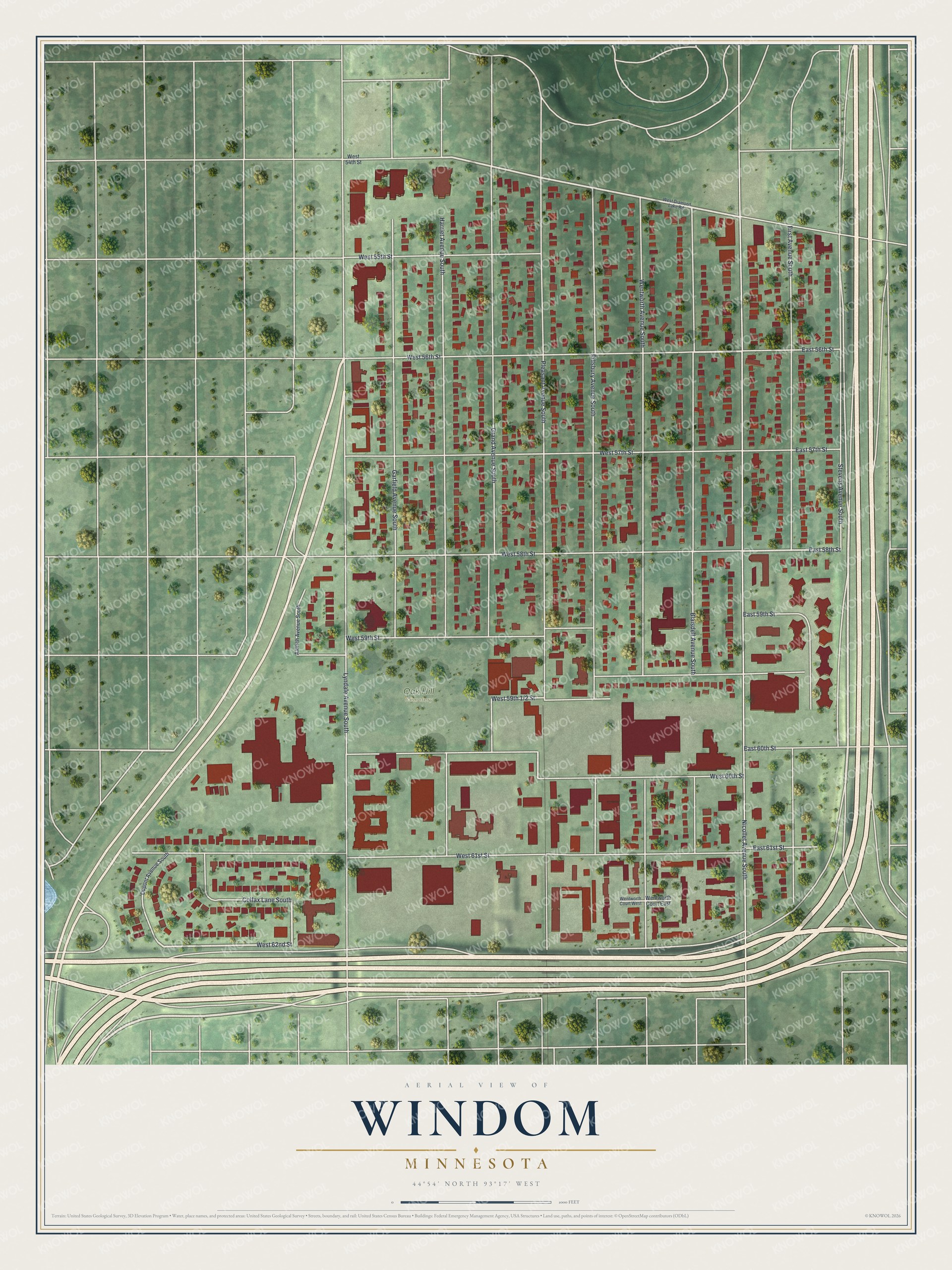 Full map of Windom, Minnesota, with red buildings, printed street names and the land around them