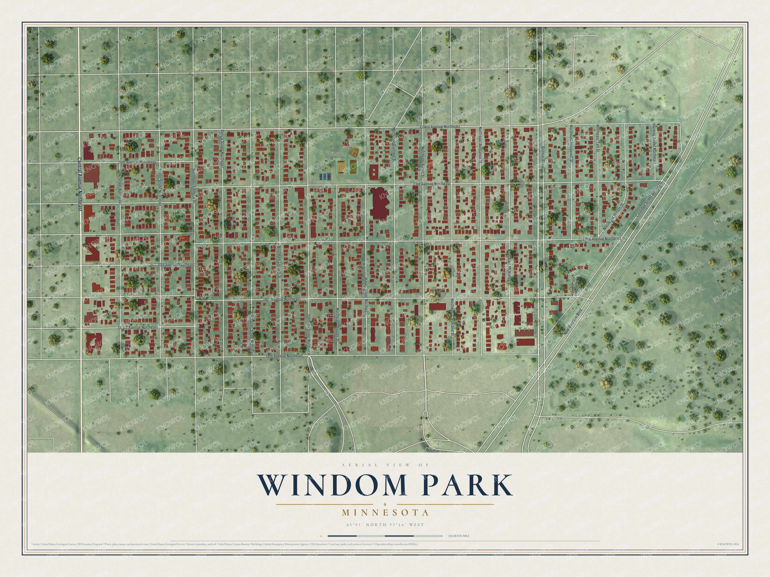 Full map of Windom Park, Minnesota, with red buildings, printed street names and the land around them