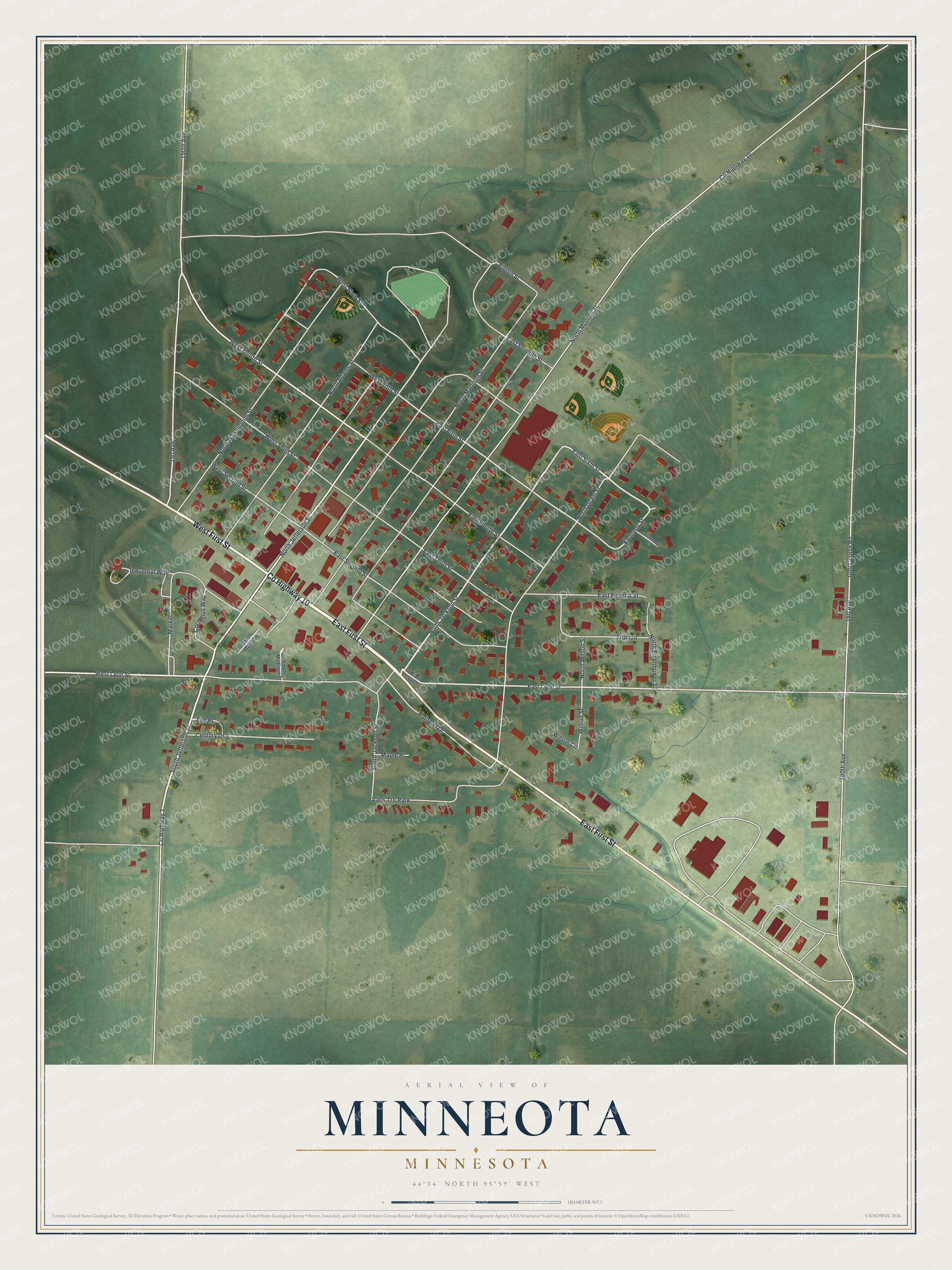Full map of Minneota, Minnesota, with red buildings, printed street names and the land around them