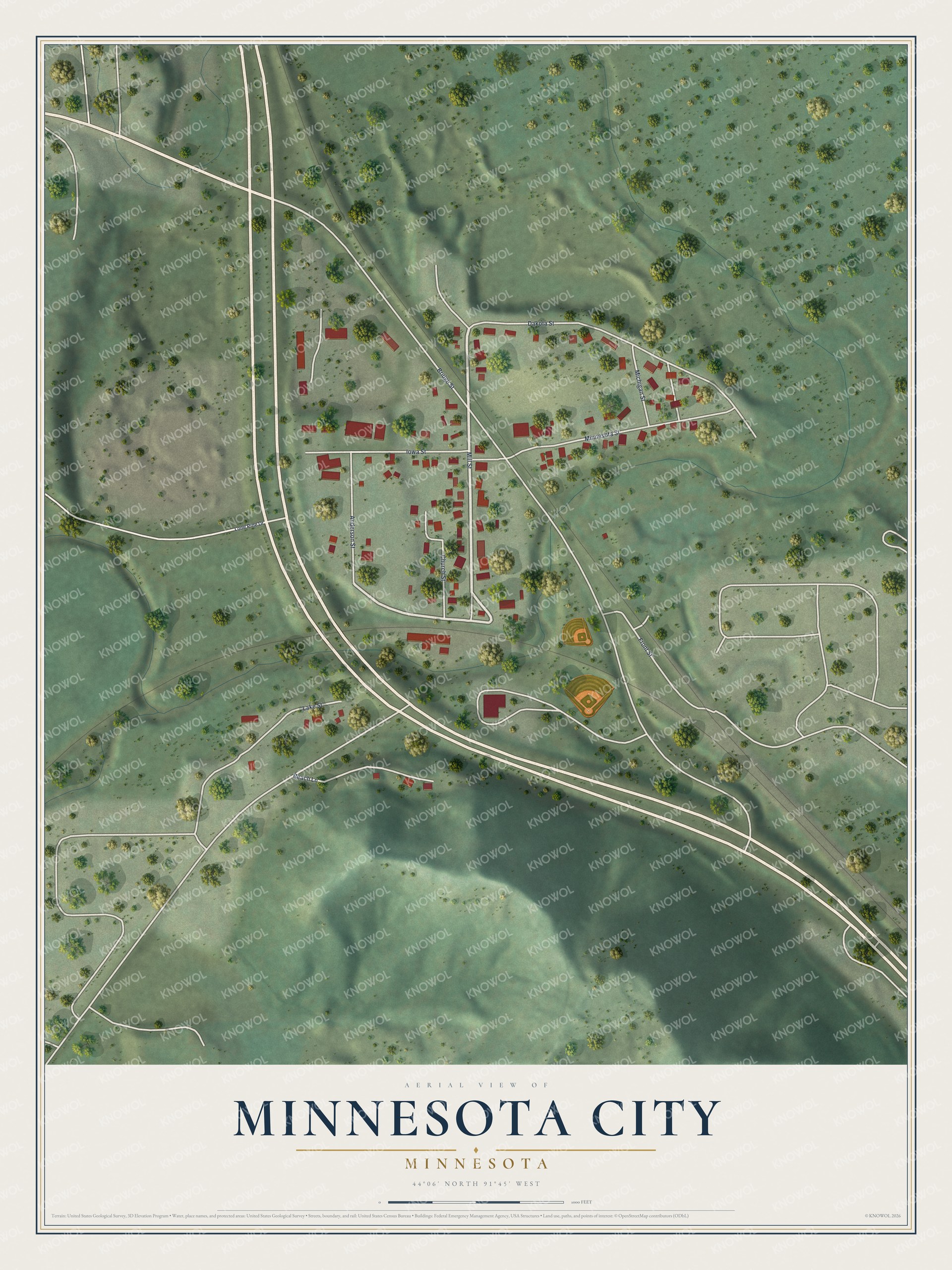 Full map of Minnesota City, Minnesota, with red buildings, printed street names and the land around them