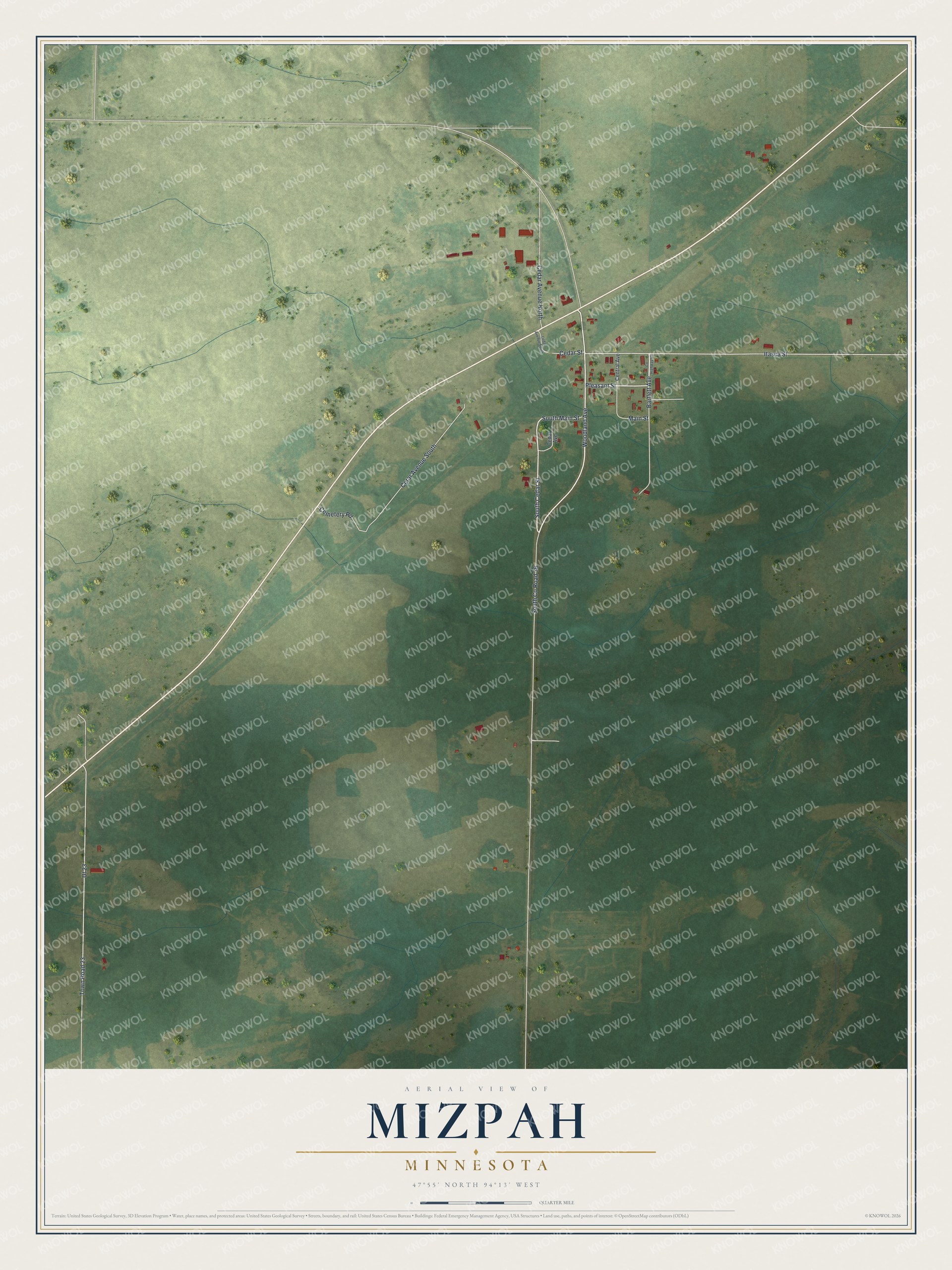 Full map of Mizpah, Minnesota, with red buildings, printed street names and the land around them