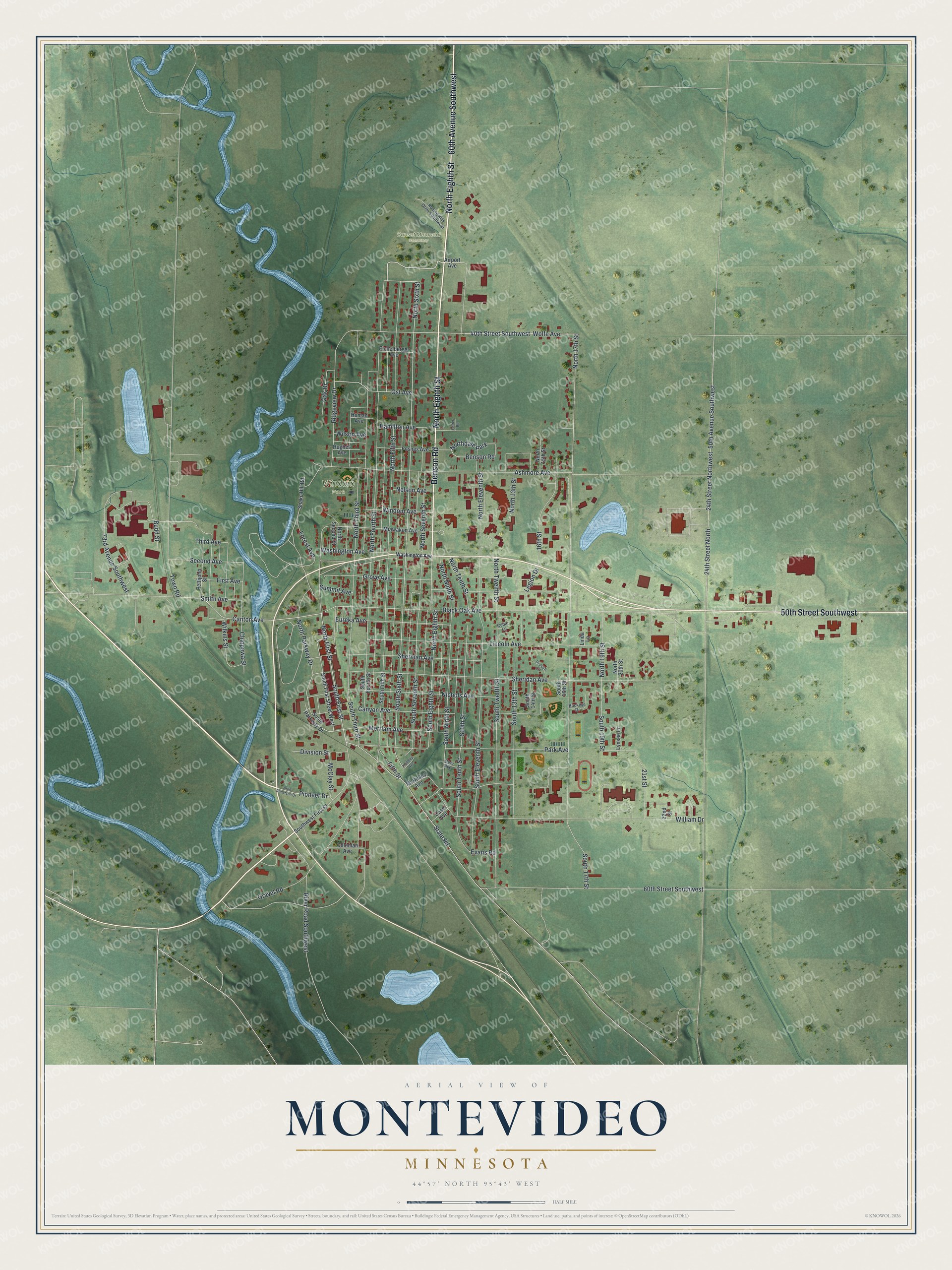 Full map of Montevideo, Minnesota, with red buildings, printed street names and the land around them