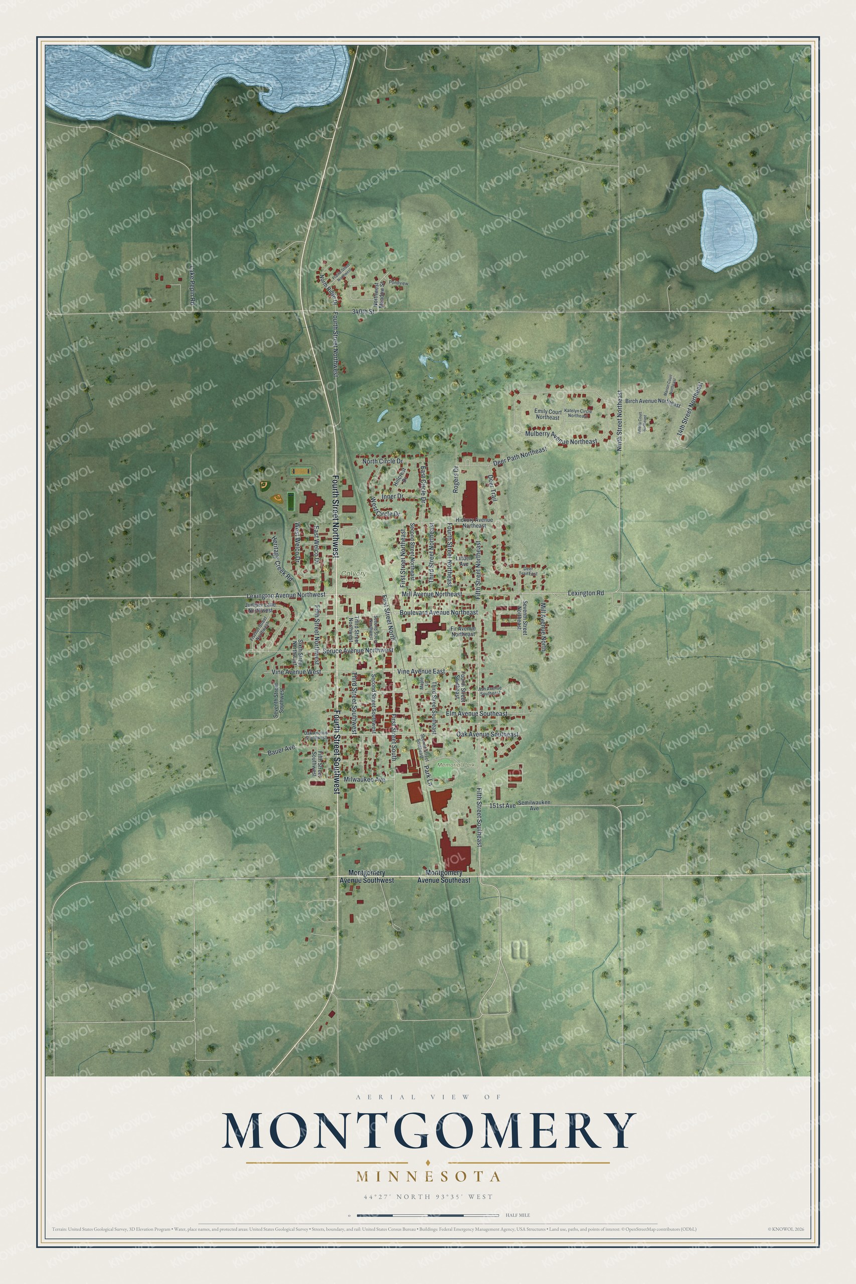 Full map of Montgomery, Minnesota, with red buildings, printed street names and the land around them