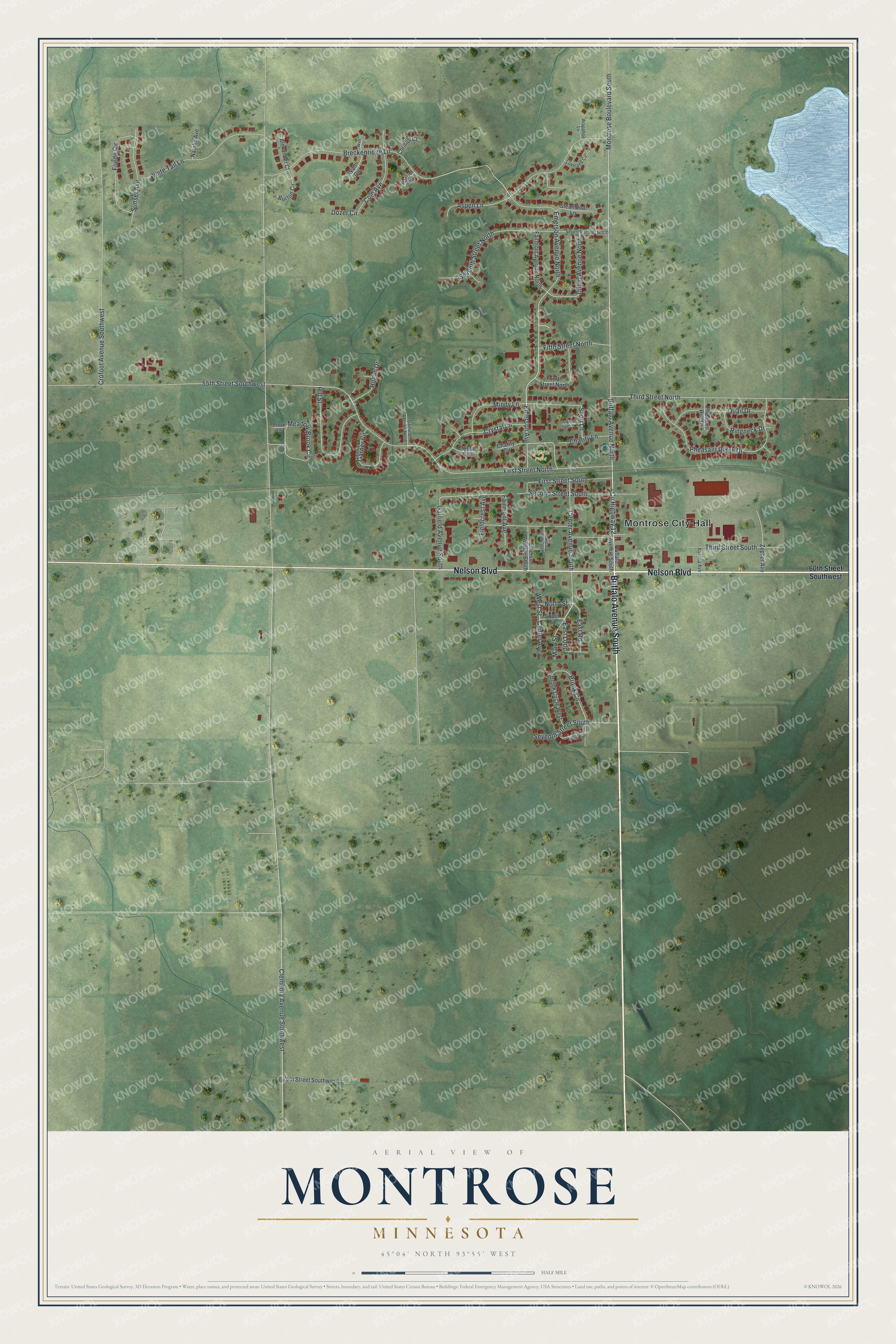 Full map of Montrose, Minnesota, with red buildings, printed street names and the land around them