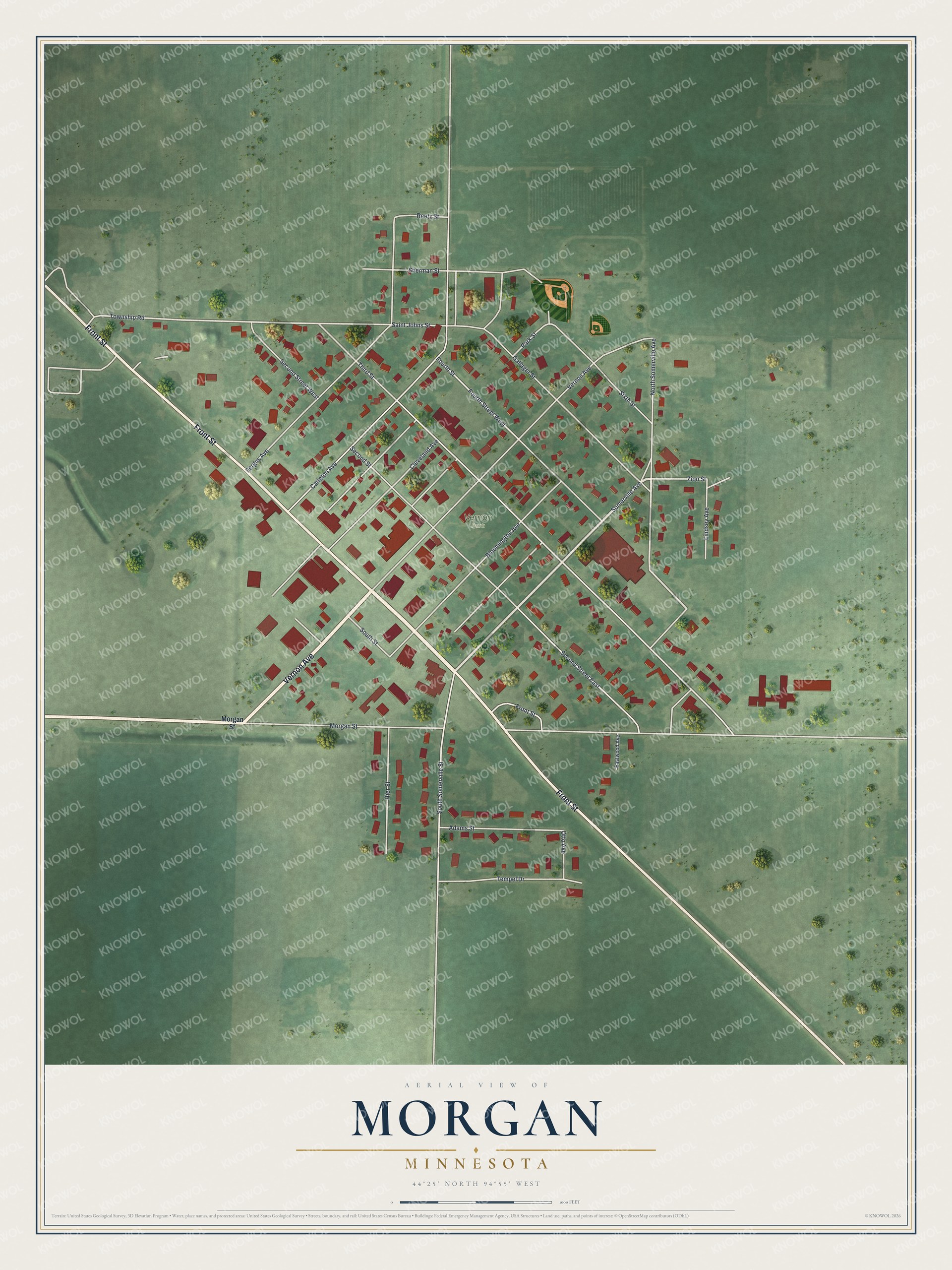 Full map of Morgan, Minnesota, with red buildings, printed street names and the land around them