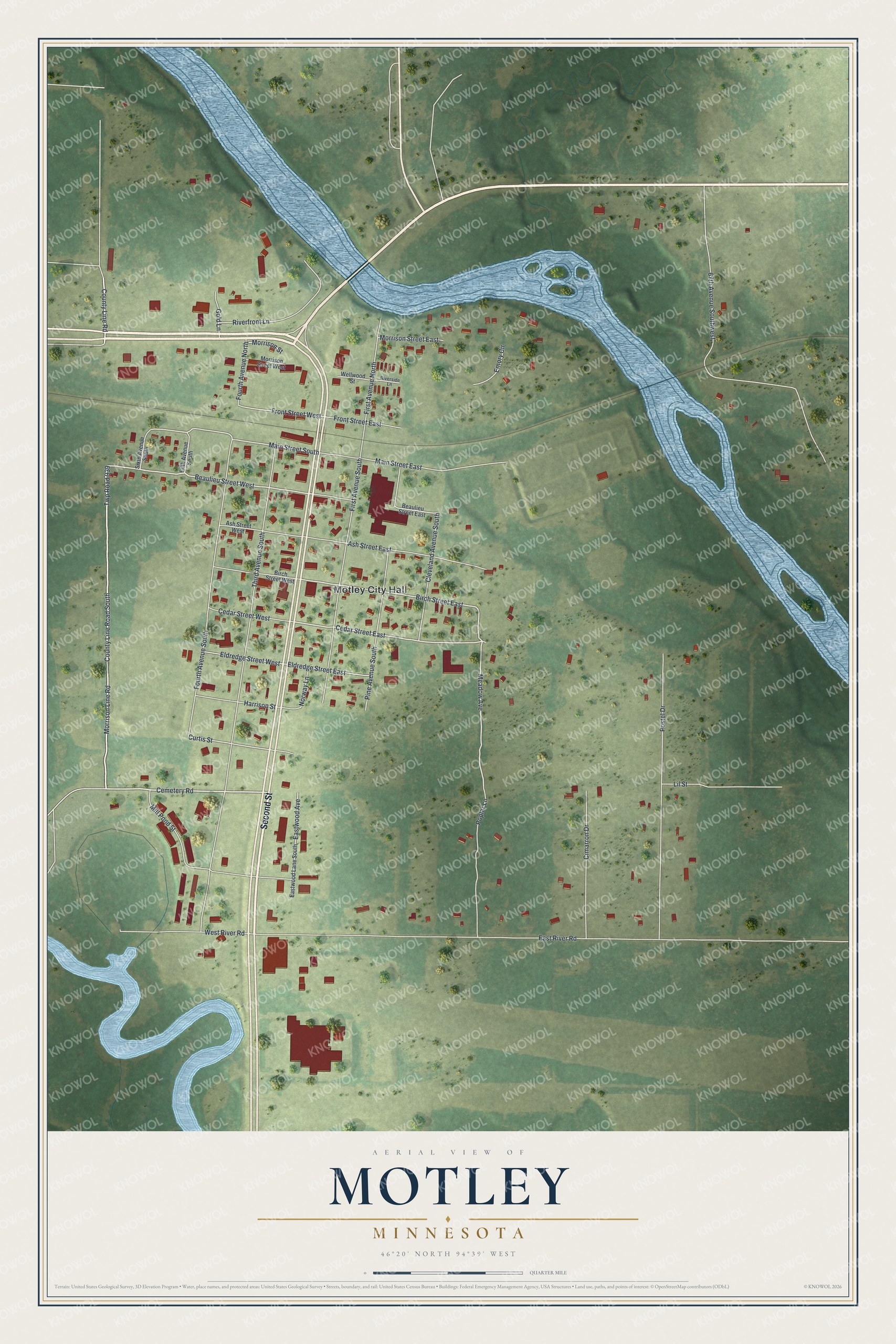 Full map of Motley, Minnesota, with red buildings, printed street names and the land around them