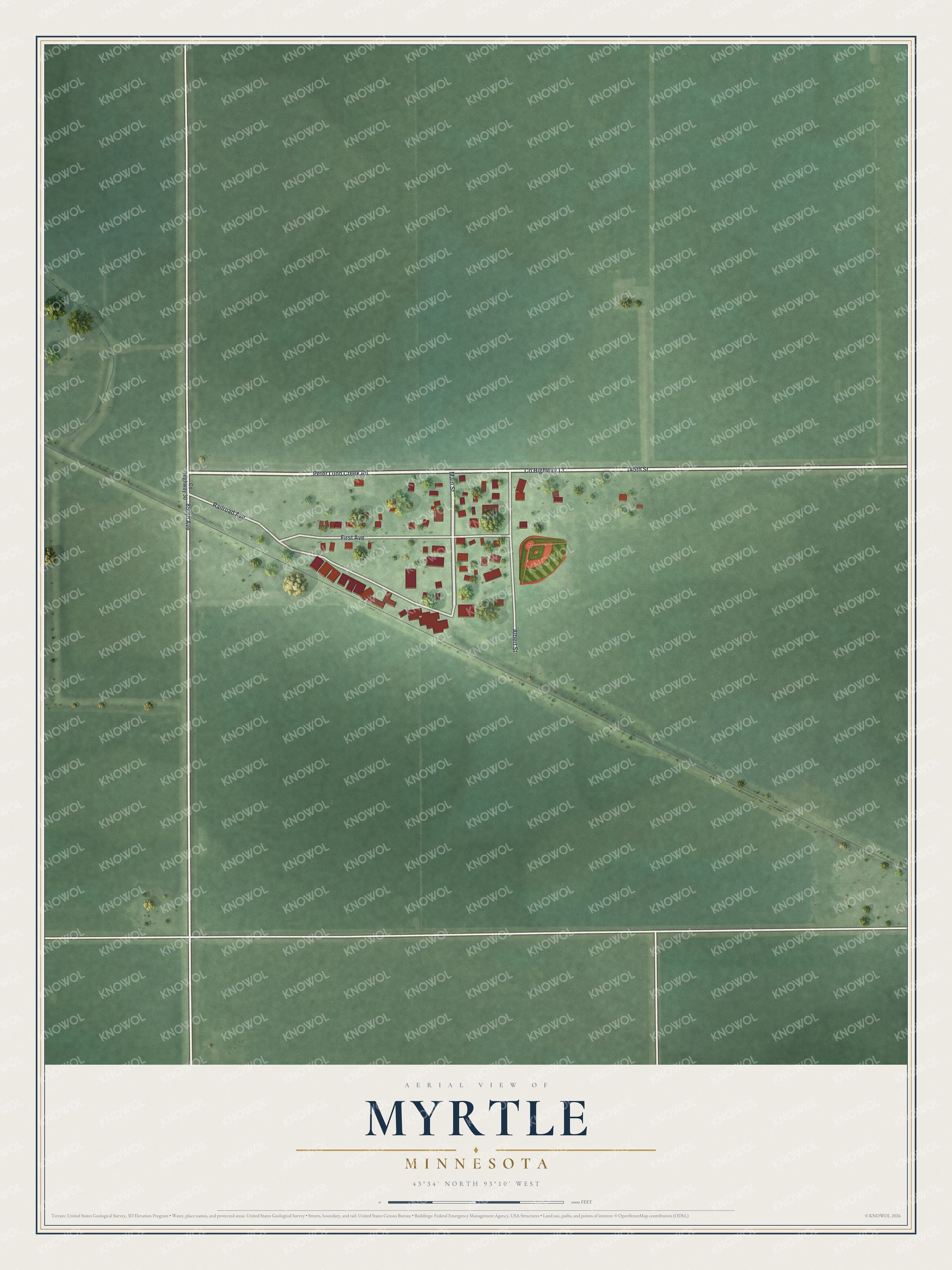 Full map of Myrtle, Minnesota, with red buildings, printed street names and the land around them
