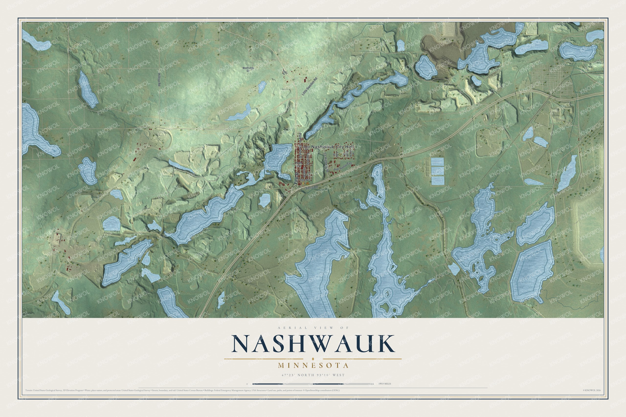 Full map of Nashwauk, Minnesota, with red buildings, printed street names and the land around them