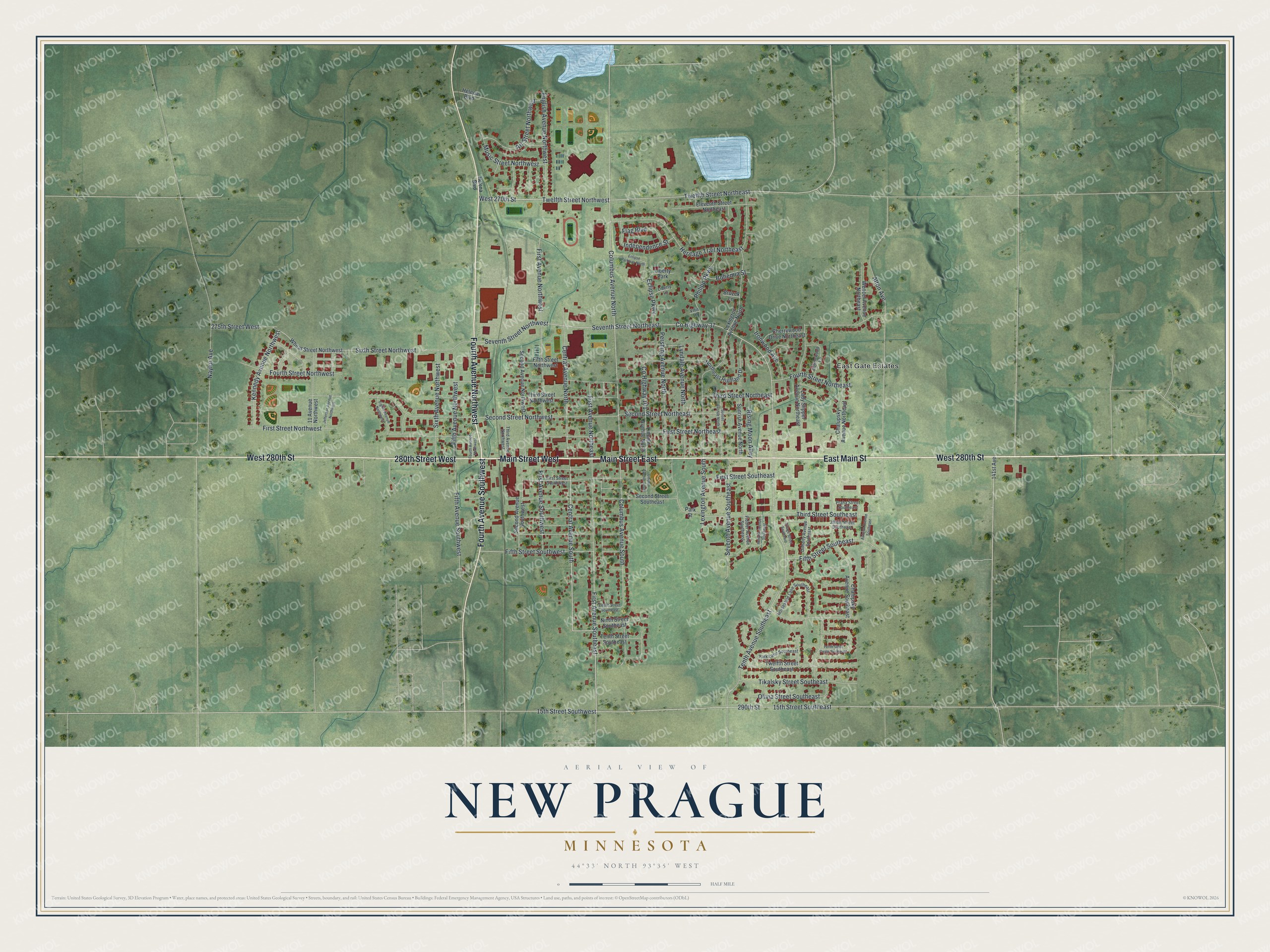 Full map of New Prague, Minnesota, with red buildings, printed street names and the land around them