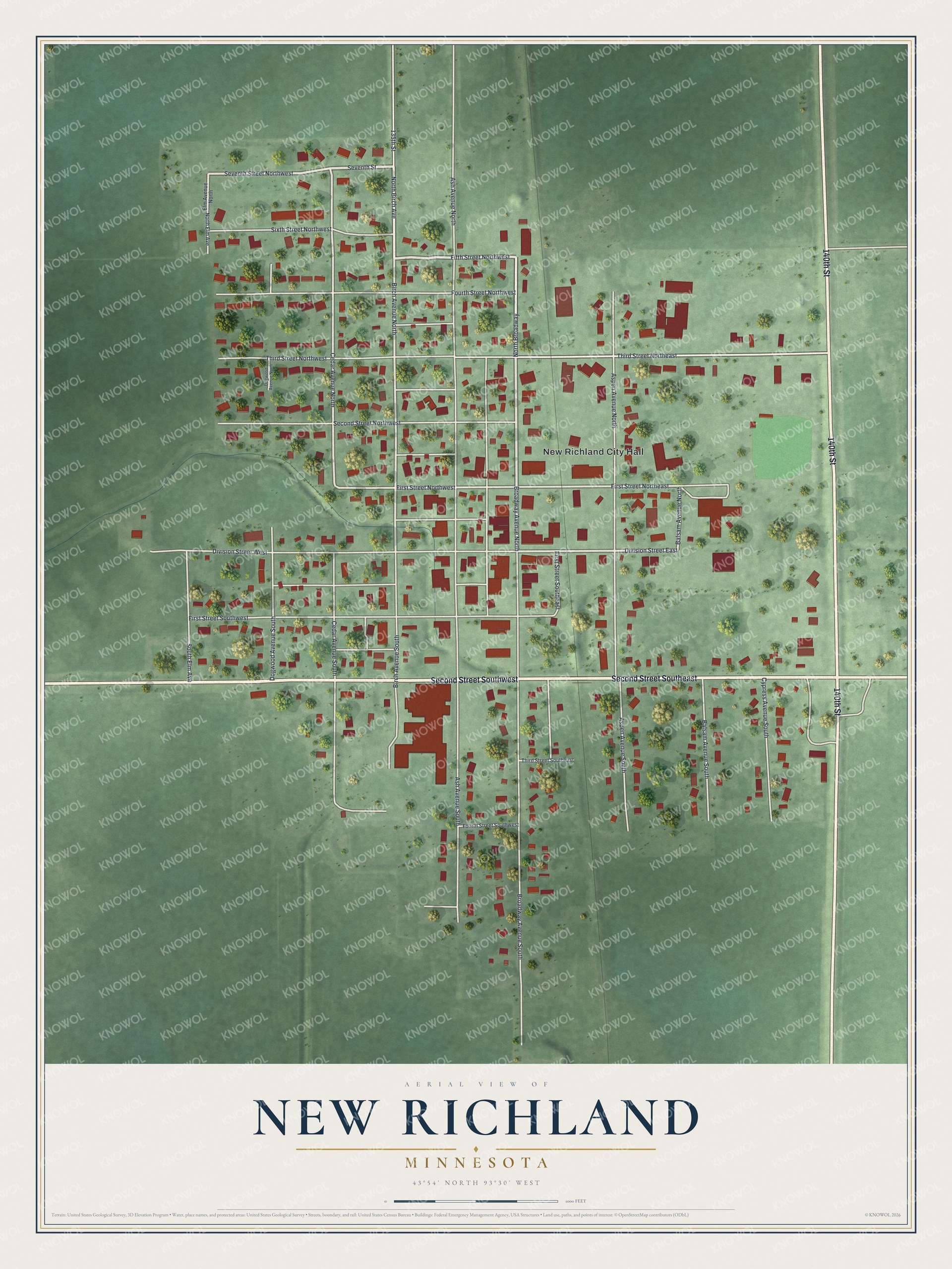 Full map of New Richland, Minnesota, with red buildings, printed street names and the land around them