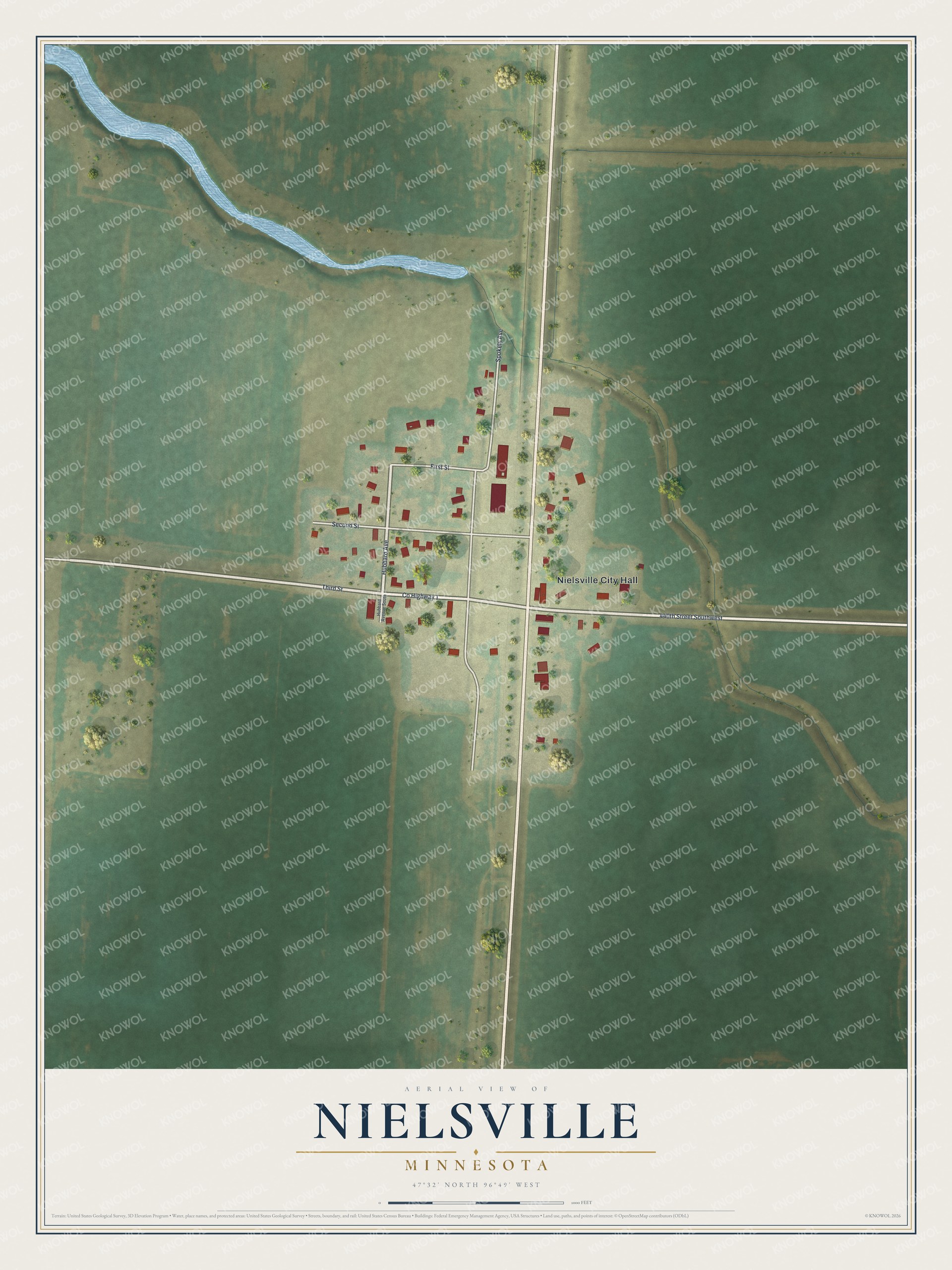 Full map of Nielsville, Minnesota, with red buildings, printed street names and the land around them