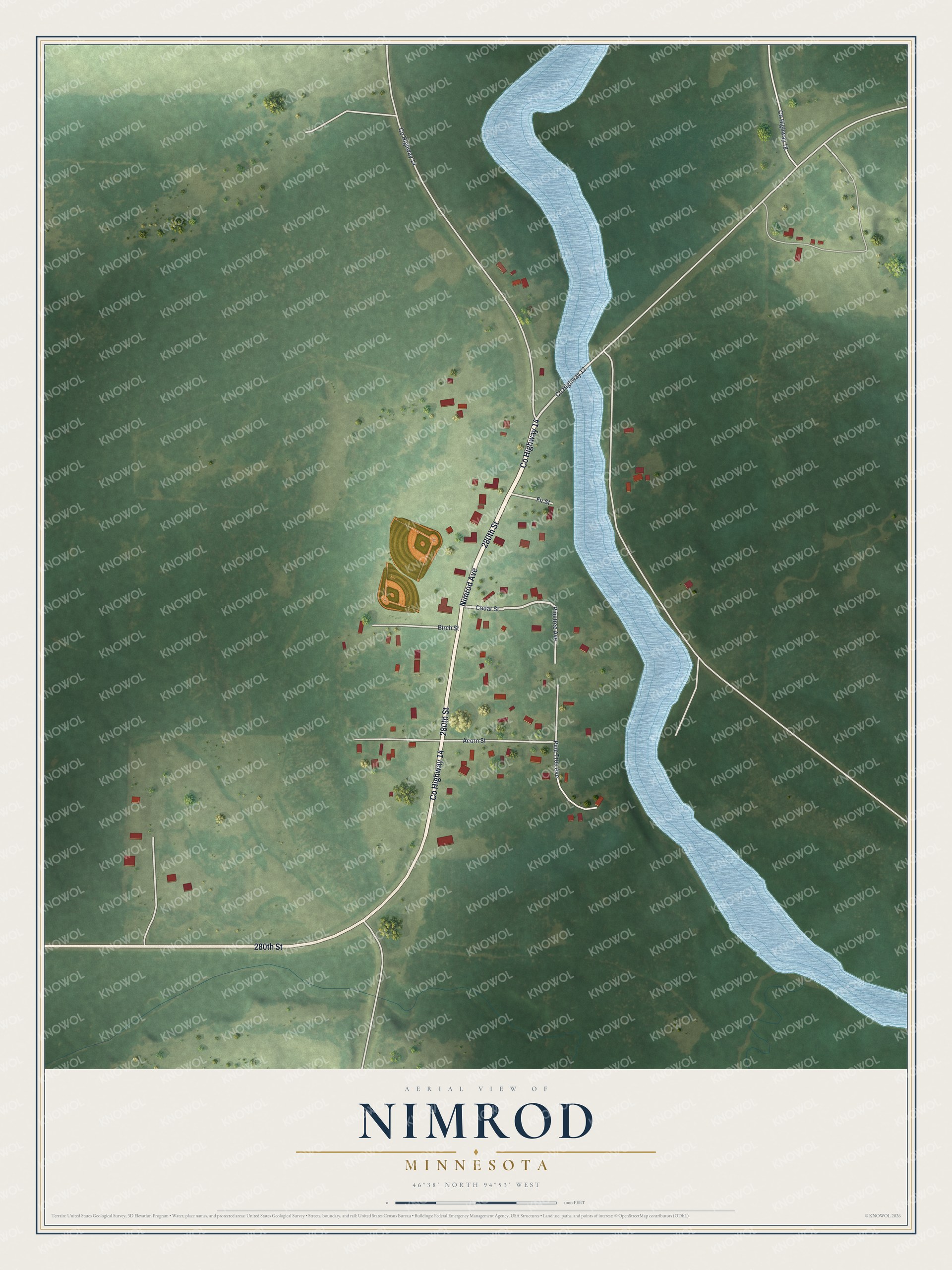 Full map of Nimrod, Minnesota, with red buildings, printed street names and the land around them