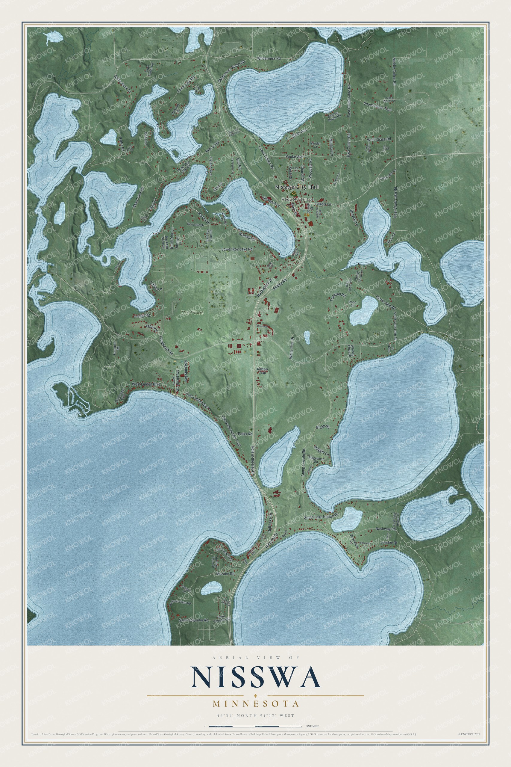 Full map of Nisswa, Minnesota, with red buildings, printed street names and the land around them