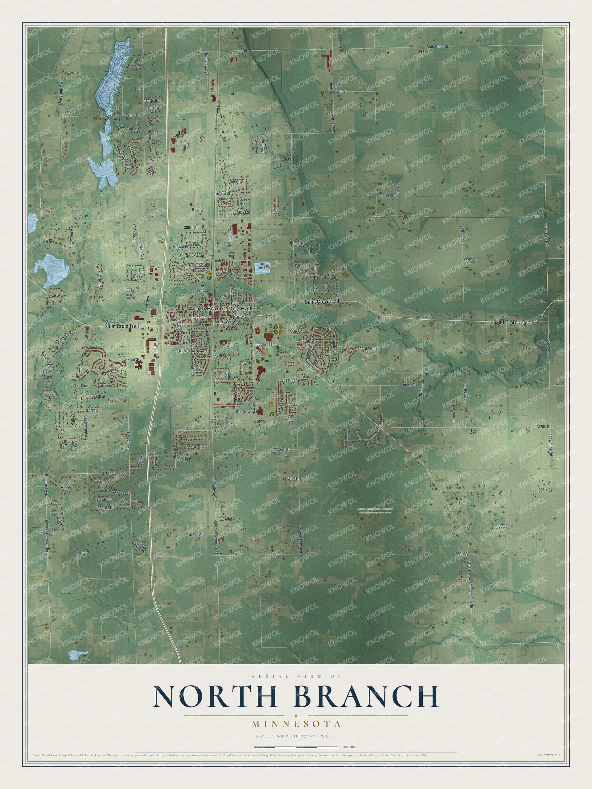 Full map of North Branch, Minnesota, with red buildings, printed street names and the land around them