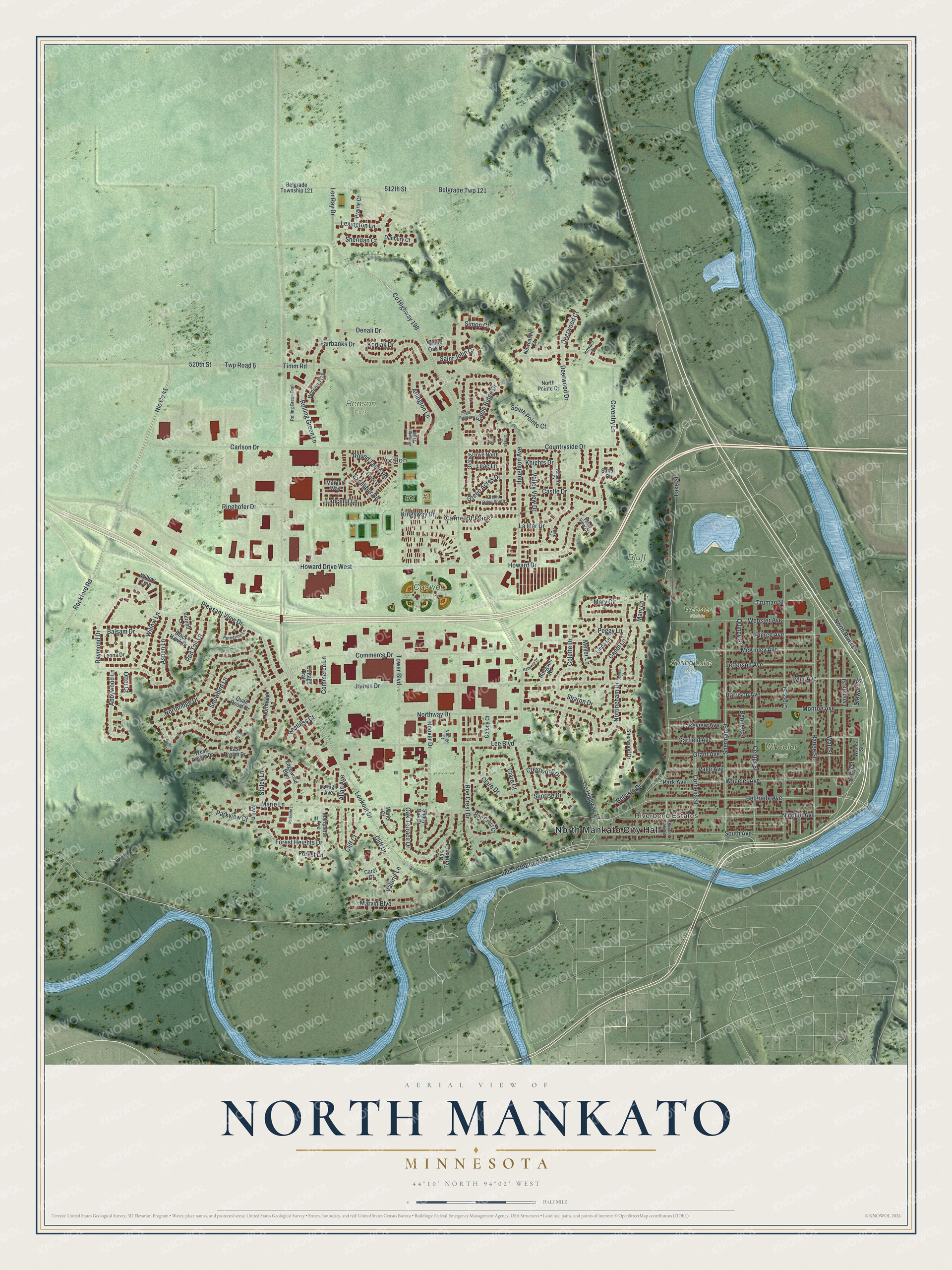Full map of North Mankato, Minnesota, with red buildings, printed street names and the land around them