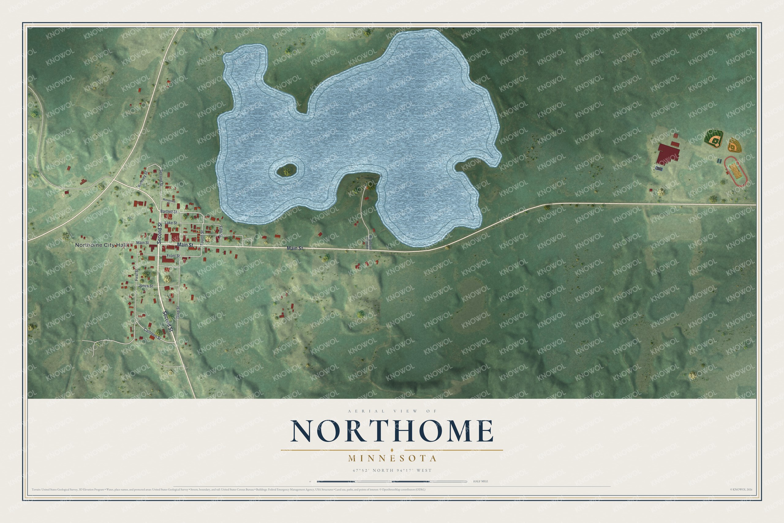 Full map of Northome, Minnesota, with red buildings, printed street names and the land around them
