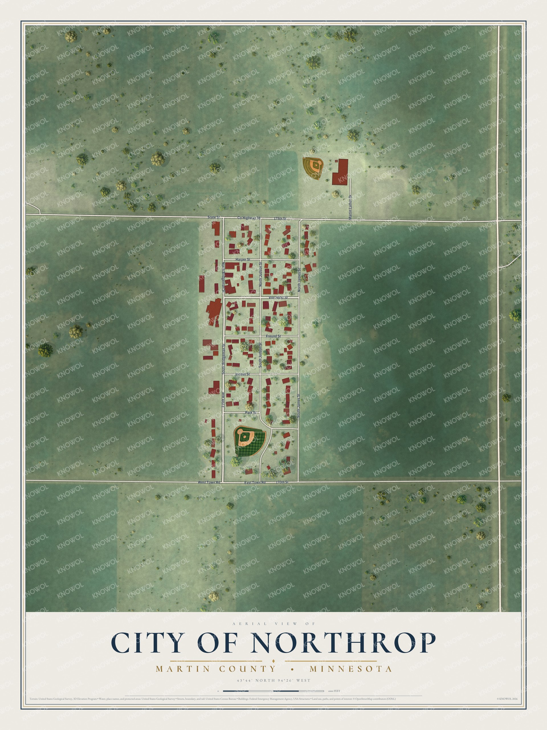 Full map of Northrop, Minnesota, with red buildings, printed street names and the land around them