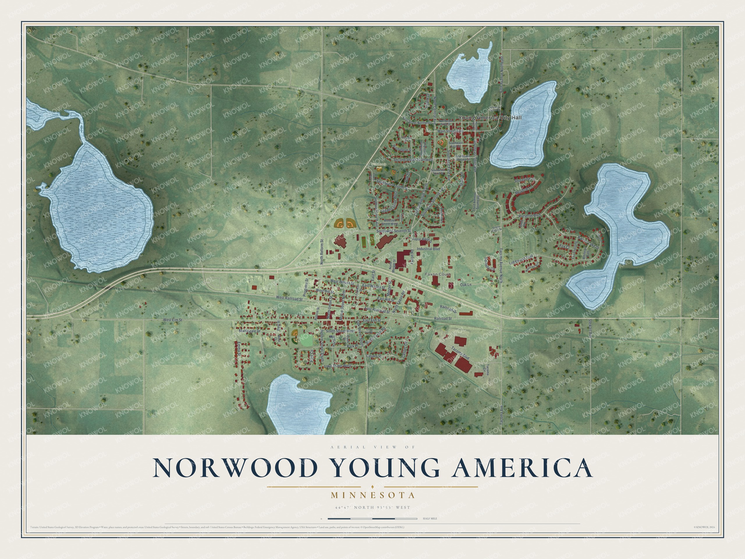 Full map of Norwood Young America, Minnesota, with red buildings, printed street names and the land around them