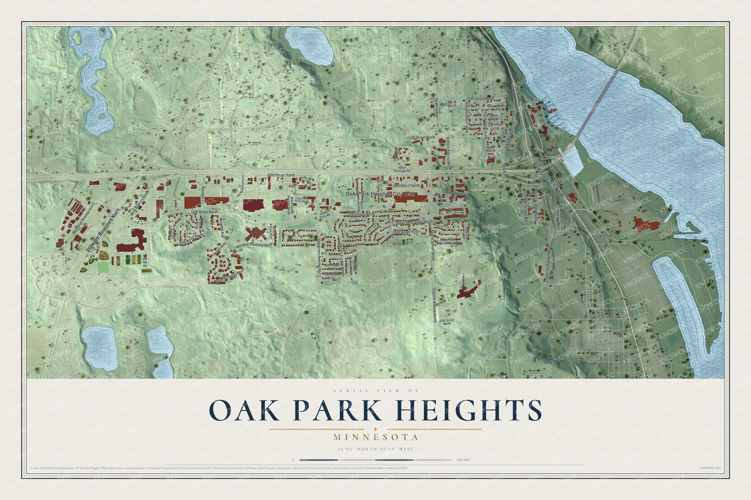 Full map of Oak Park Heights, Minnesota, with red buildings, printed street names and the land around them
