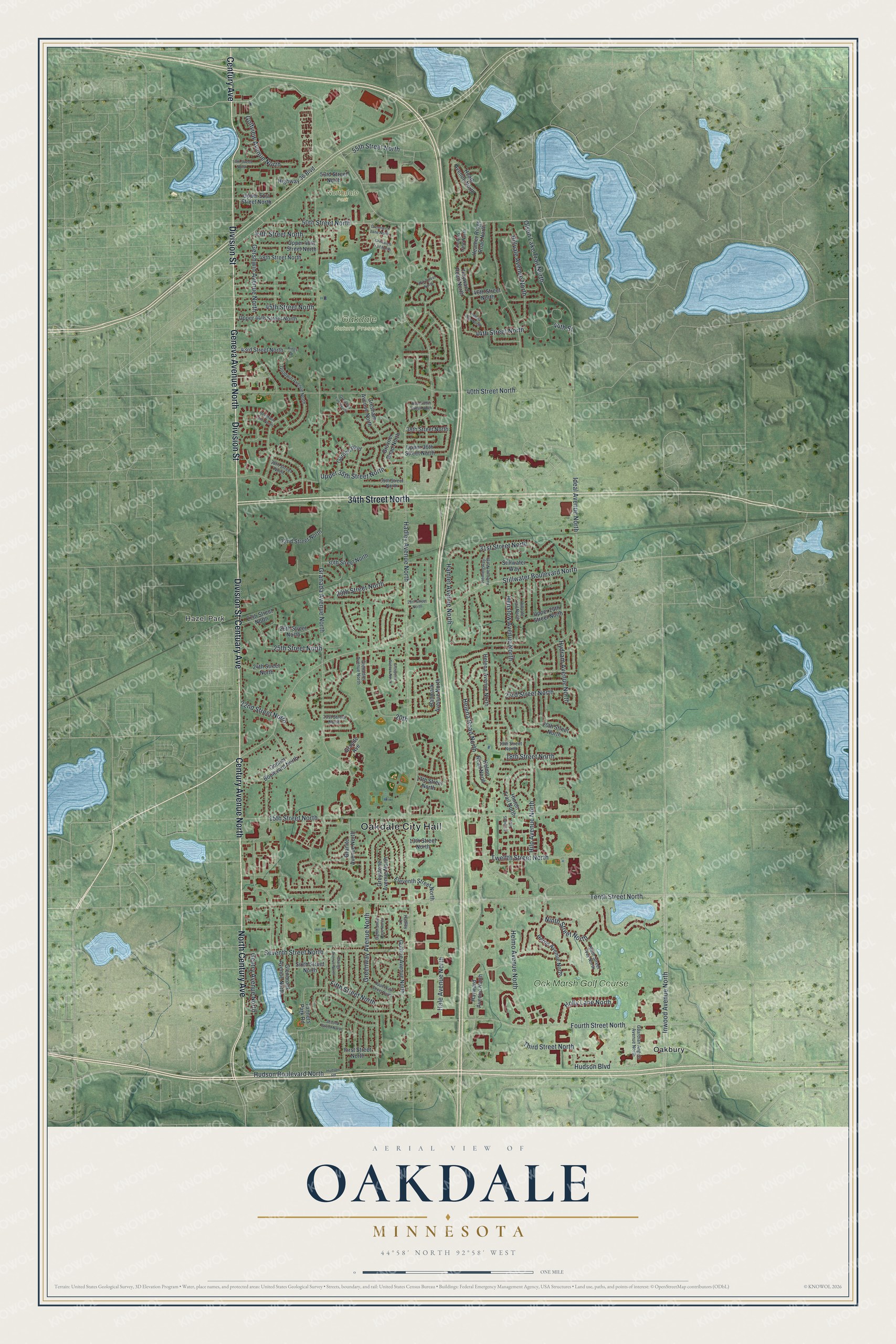 Full map of Oakdale, Minnesota, with red buildings, printed street names and the land around them