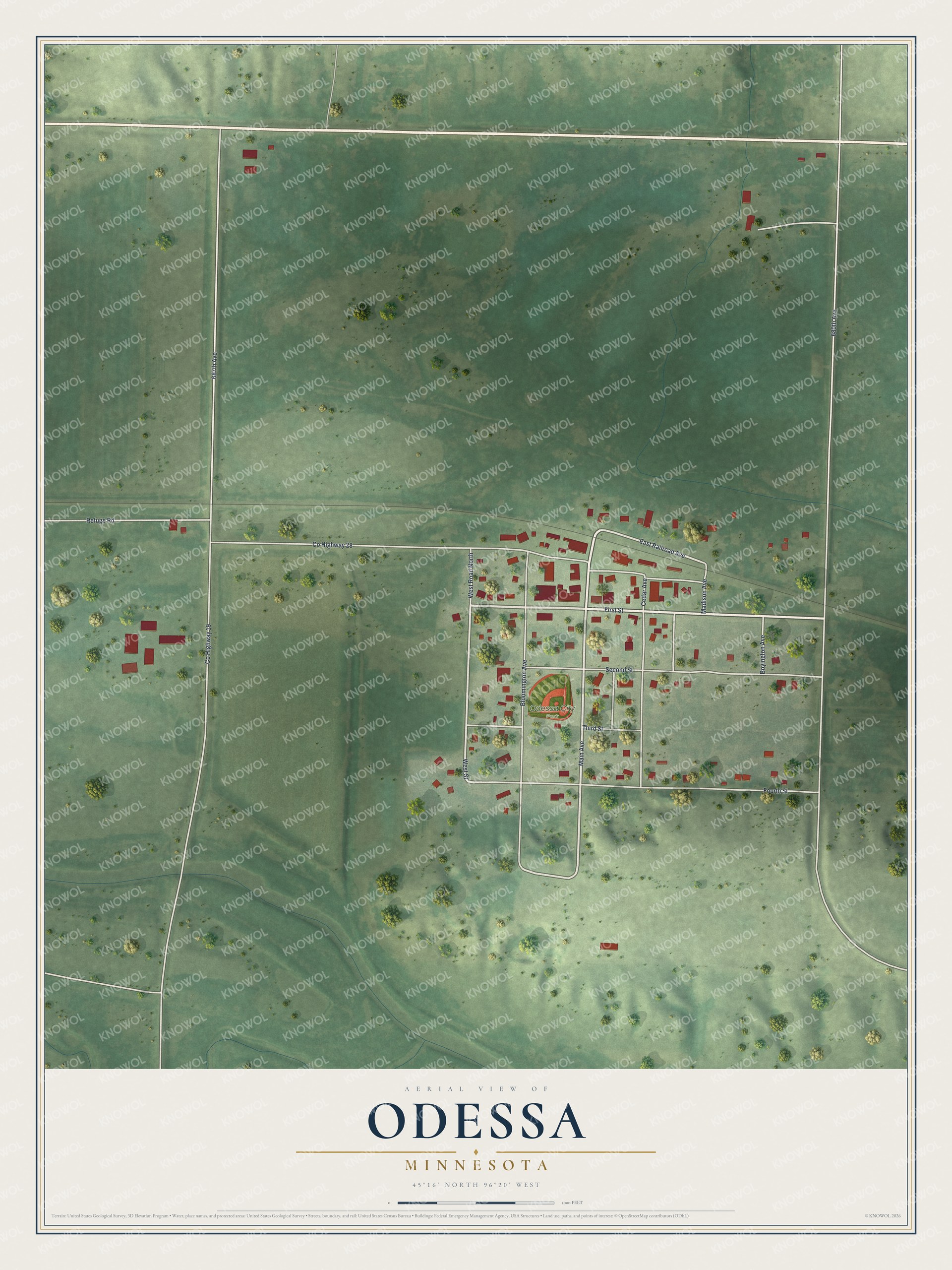 Full map of Odessa, Minnesota, with red buildings, printed street names and the land around them