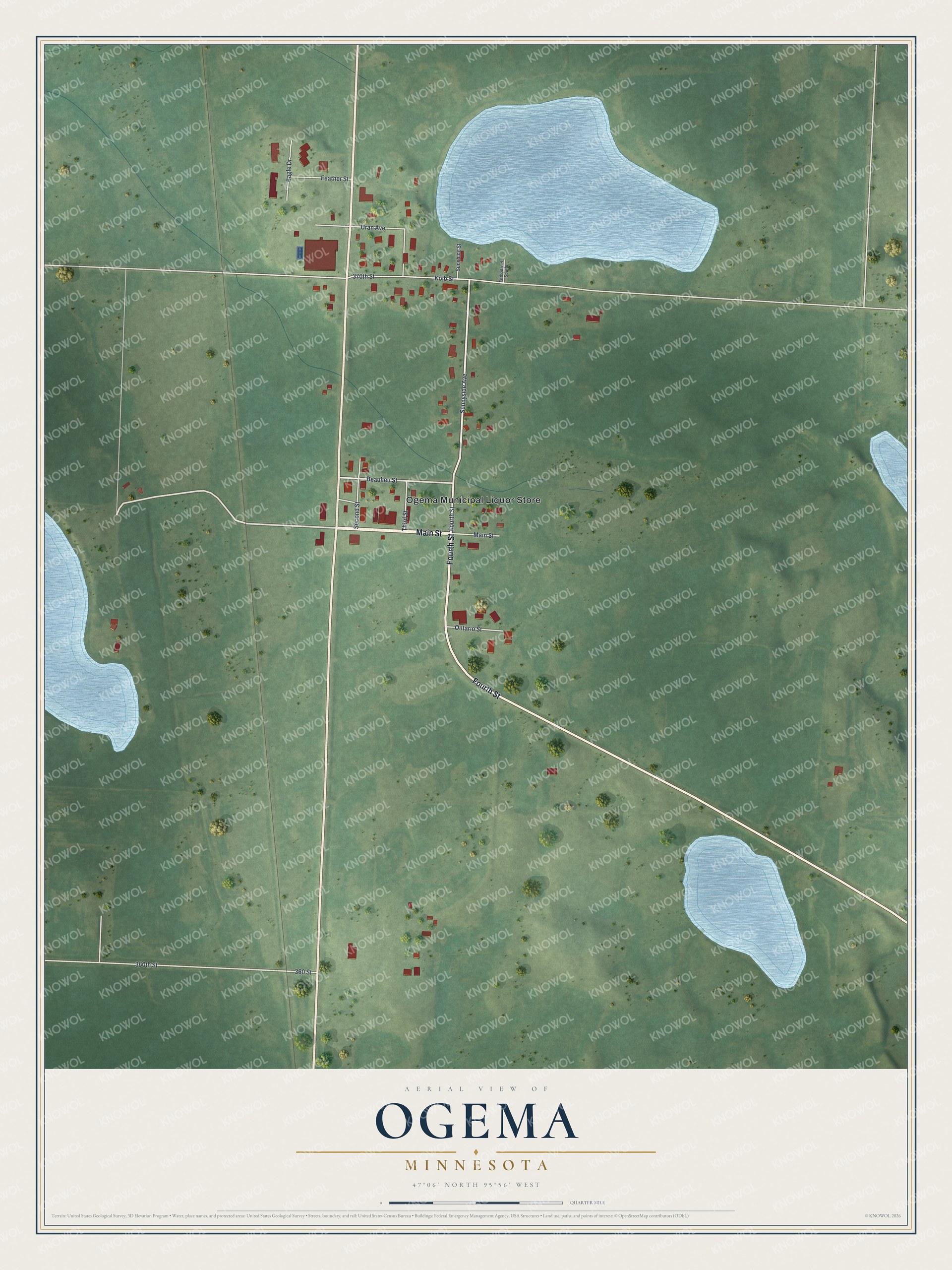 Full map of Ogema, Minnesota, with red buildings, printed street names and the land around them