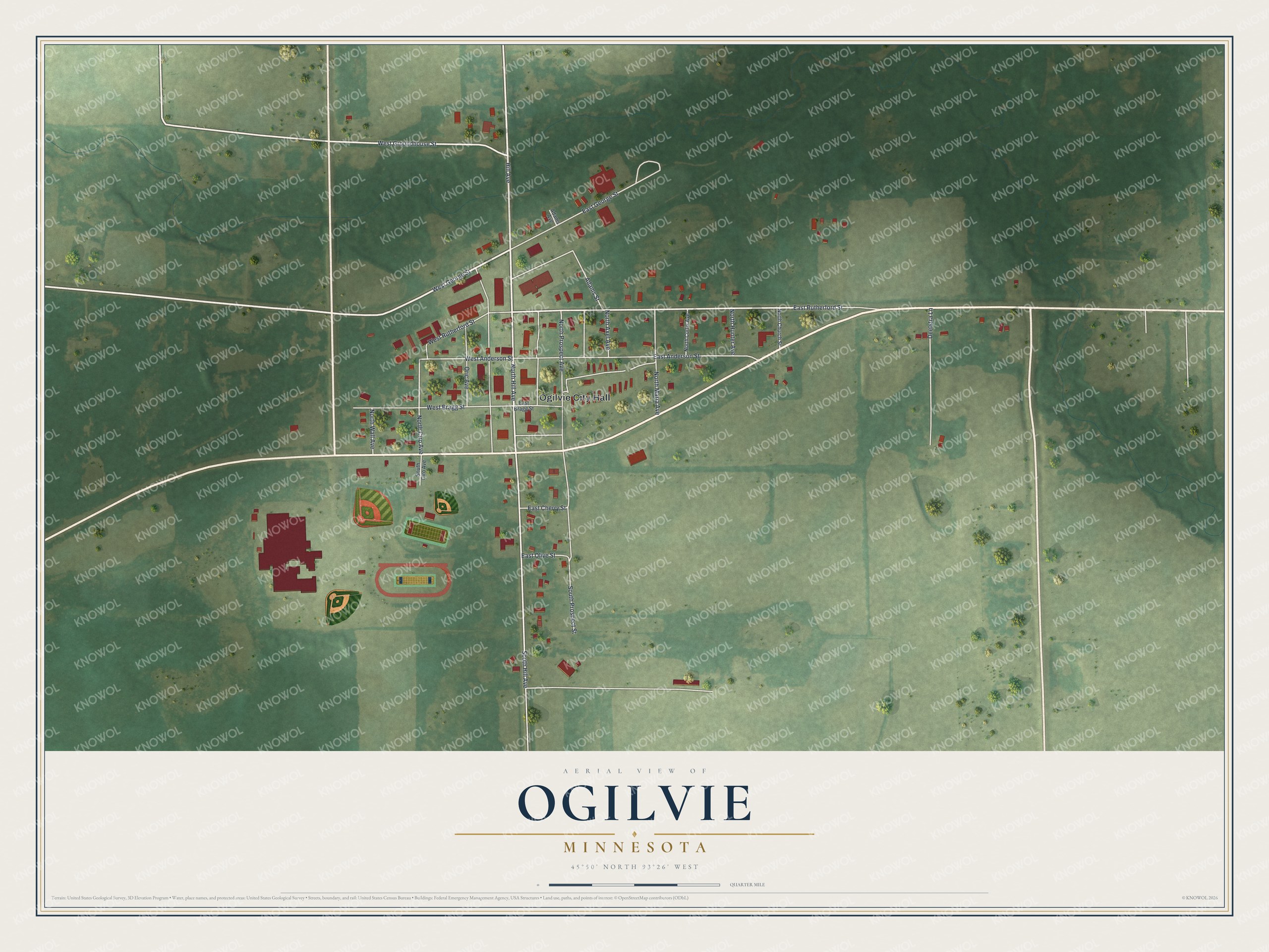 Full map of Ogilvie, Minnesota, with red buildings, printed street names and the land around them