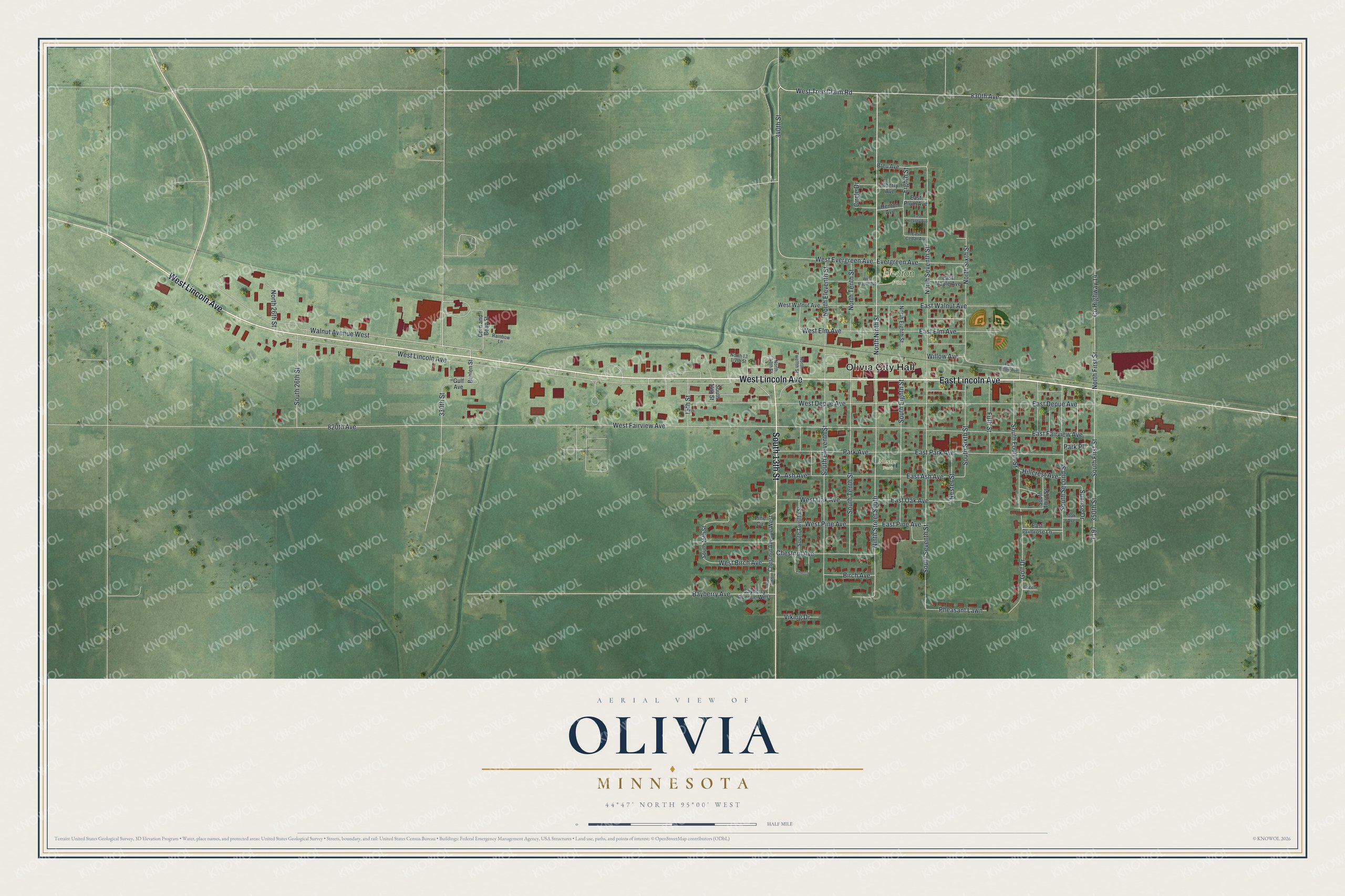 Full map of Olivia, Minnesota, with red buildings, printed street names and the land around them