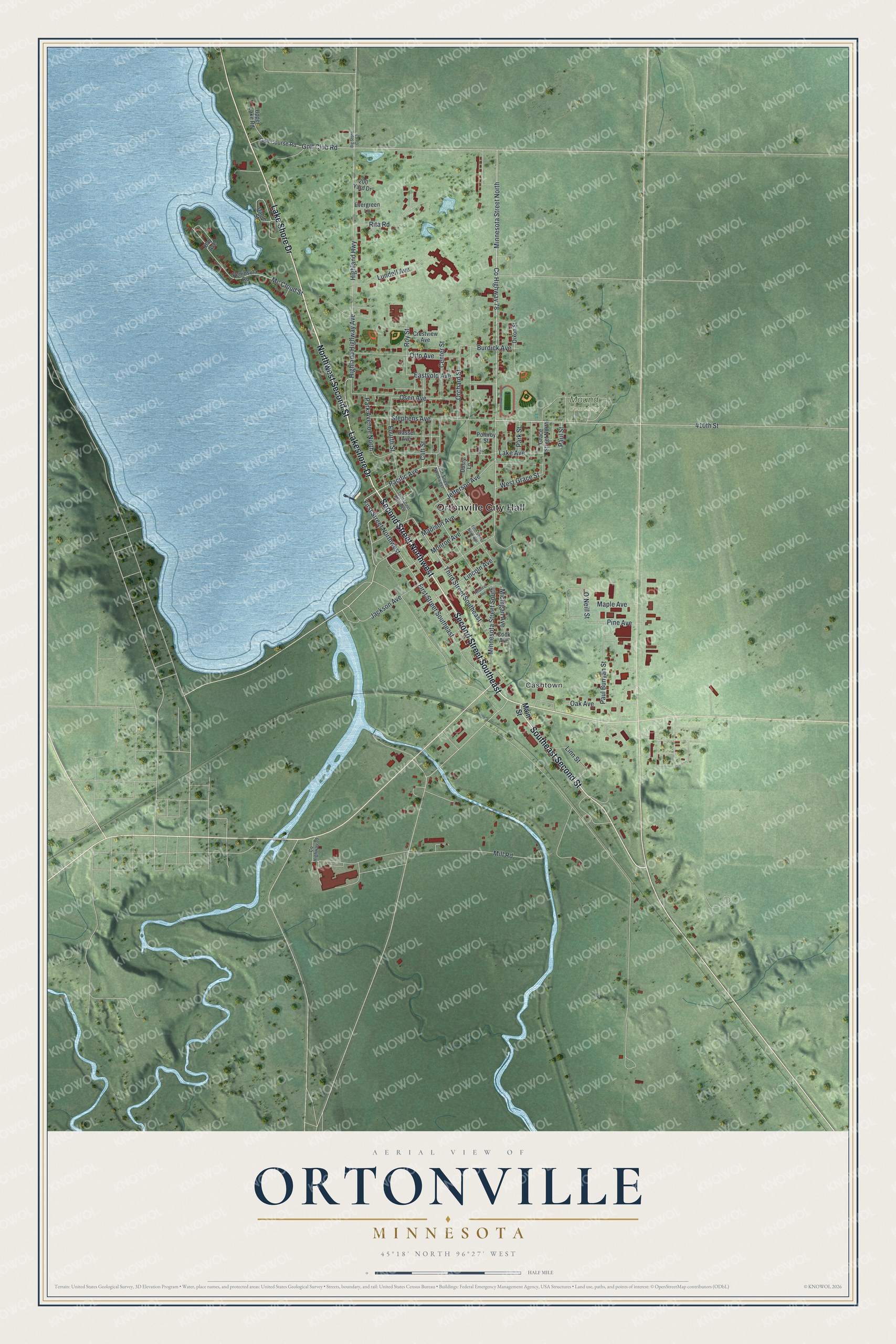 Full map of Ortonville, Minnesota, with red buildings, printed street names and the land around them