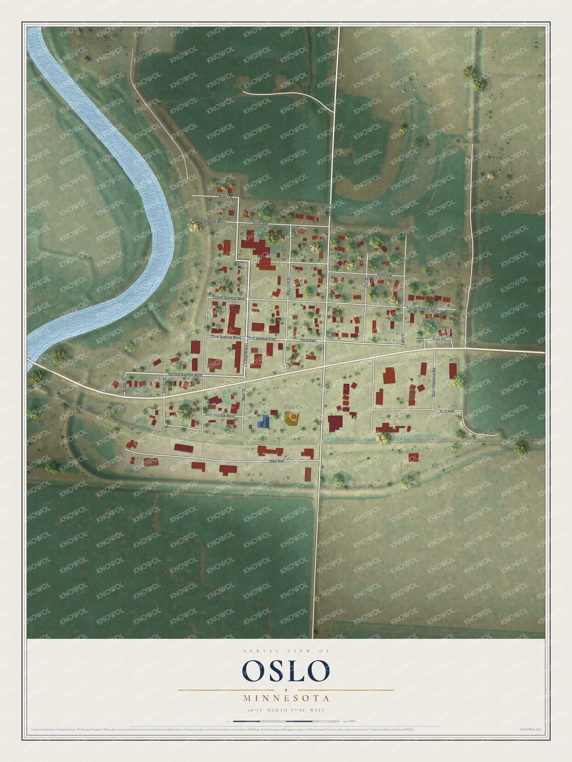 Full map of Oslo, Minnesota, with red buildings, printed street names and the land around them