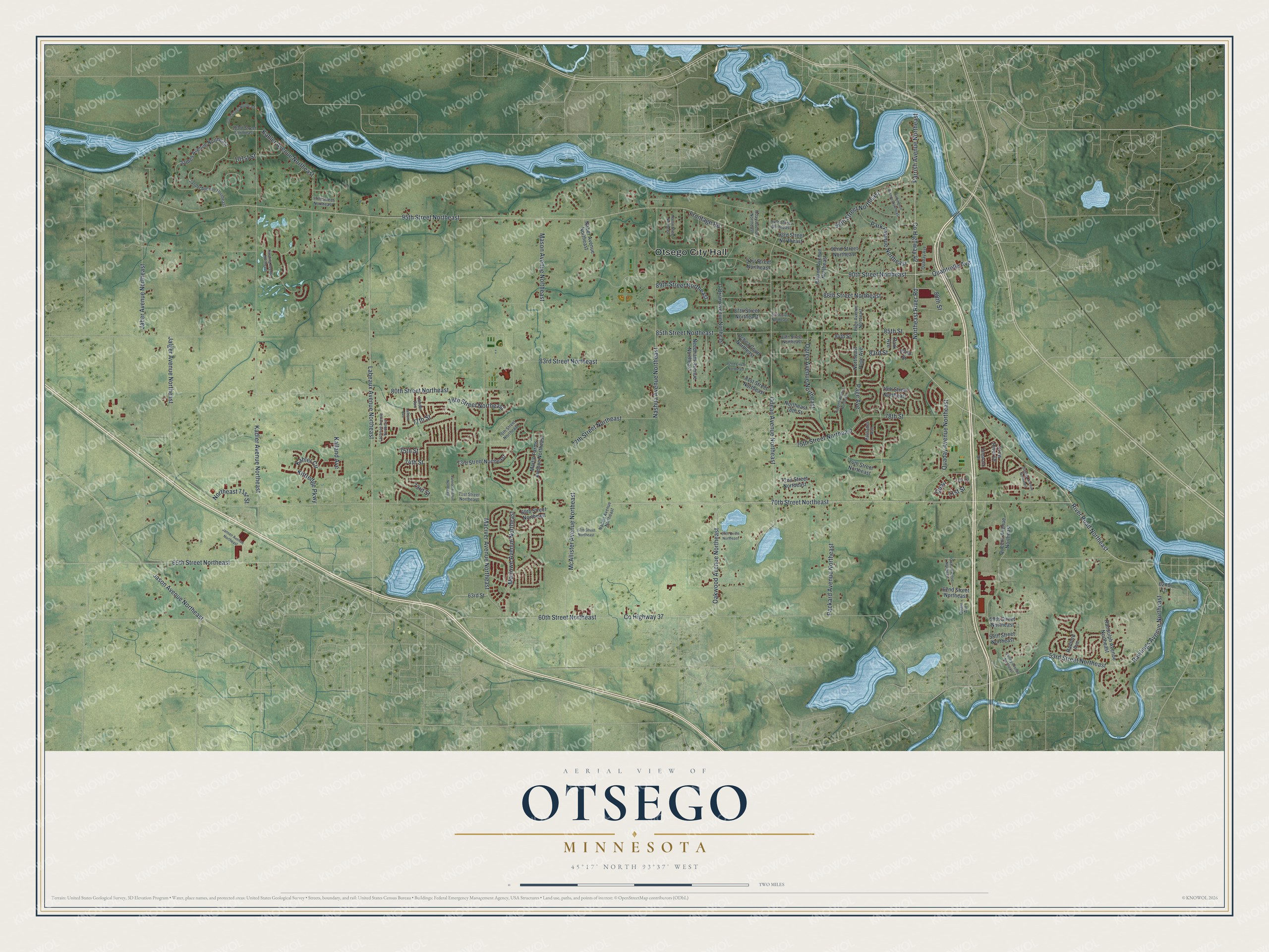 Full map of Otsego, Minnesota, with red buildings, printed street names and the land around them