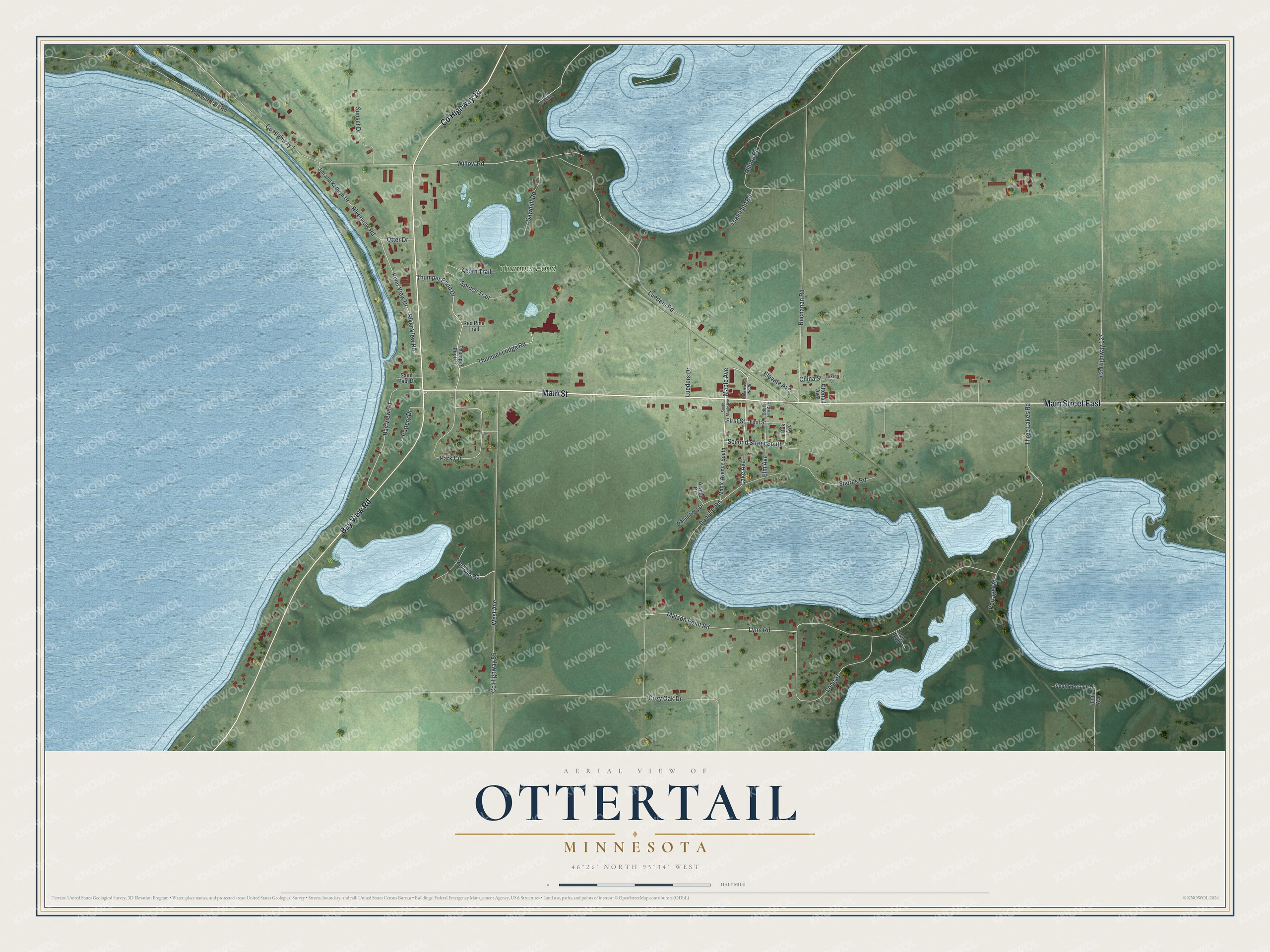 Full map of Ottertail, Minnesota, with red buildings, printed street names and the land around them