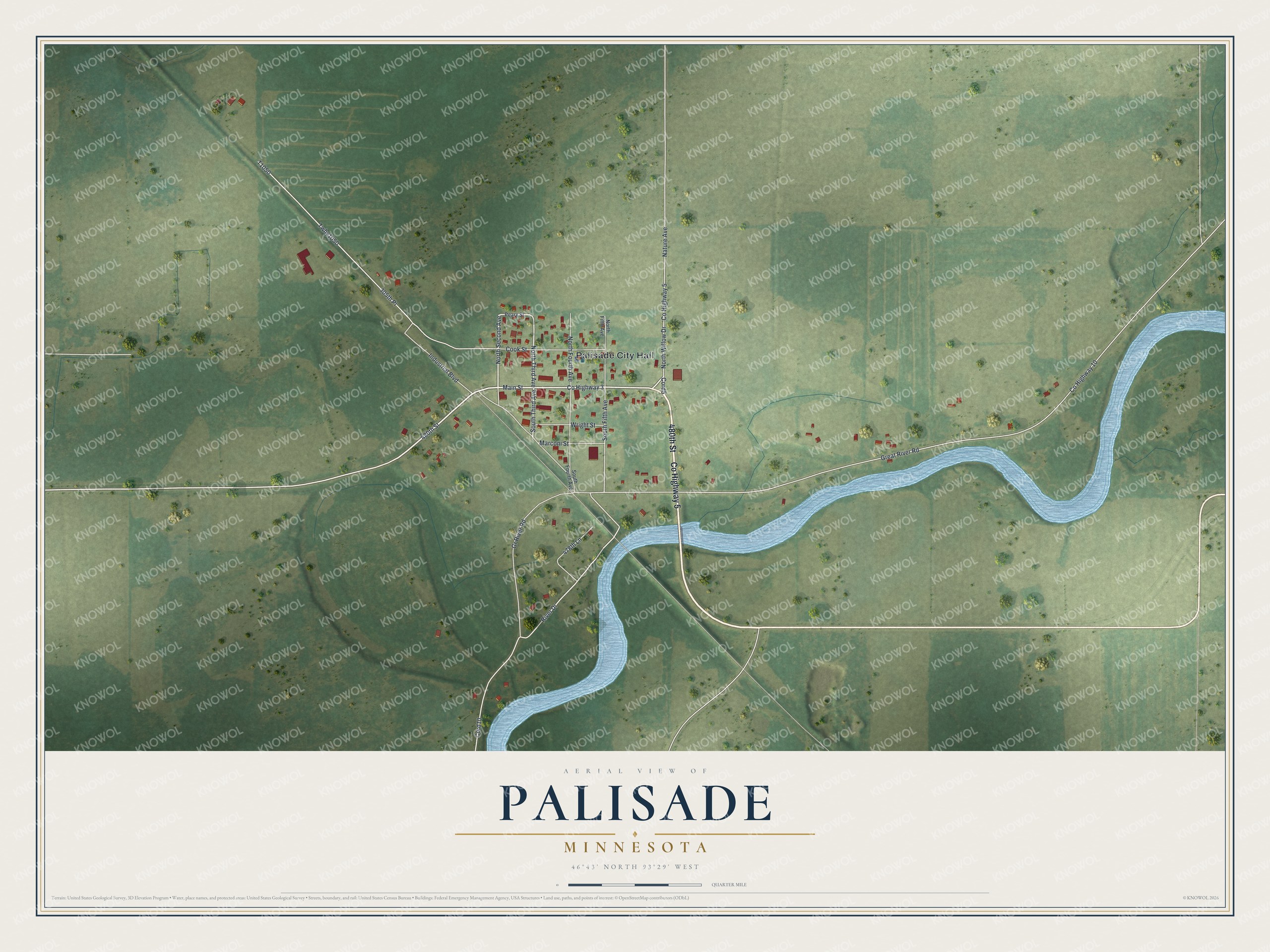 Full map of Palisade, Minnesota, with red buildings, printed street names and the land around them