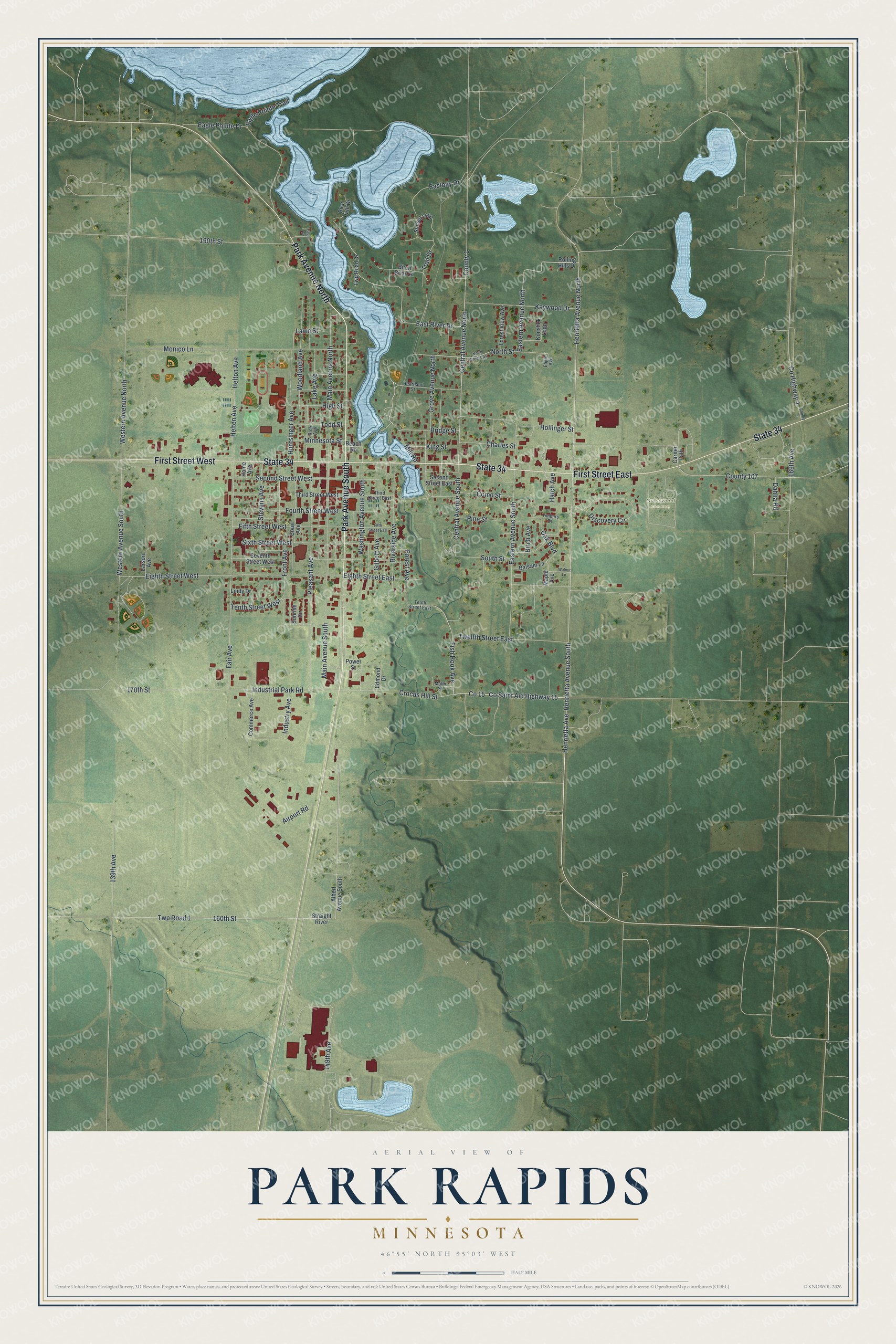 Full map of Park Rapids, Minnesota, with red buildings, printed street names and the land around them