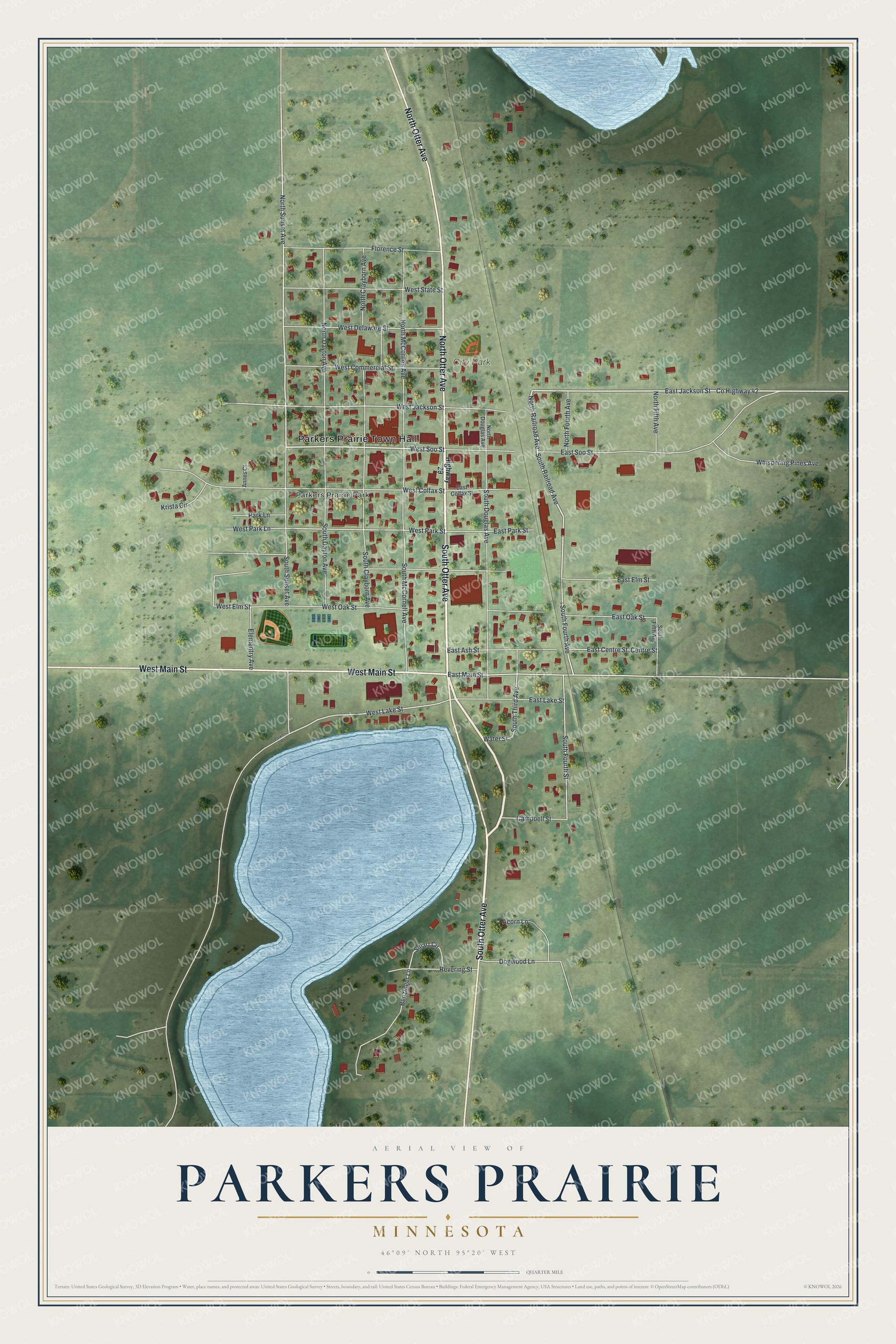 Full map of Parkers Prairie, Minnesota, with red buildings, printed street names and the land around them