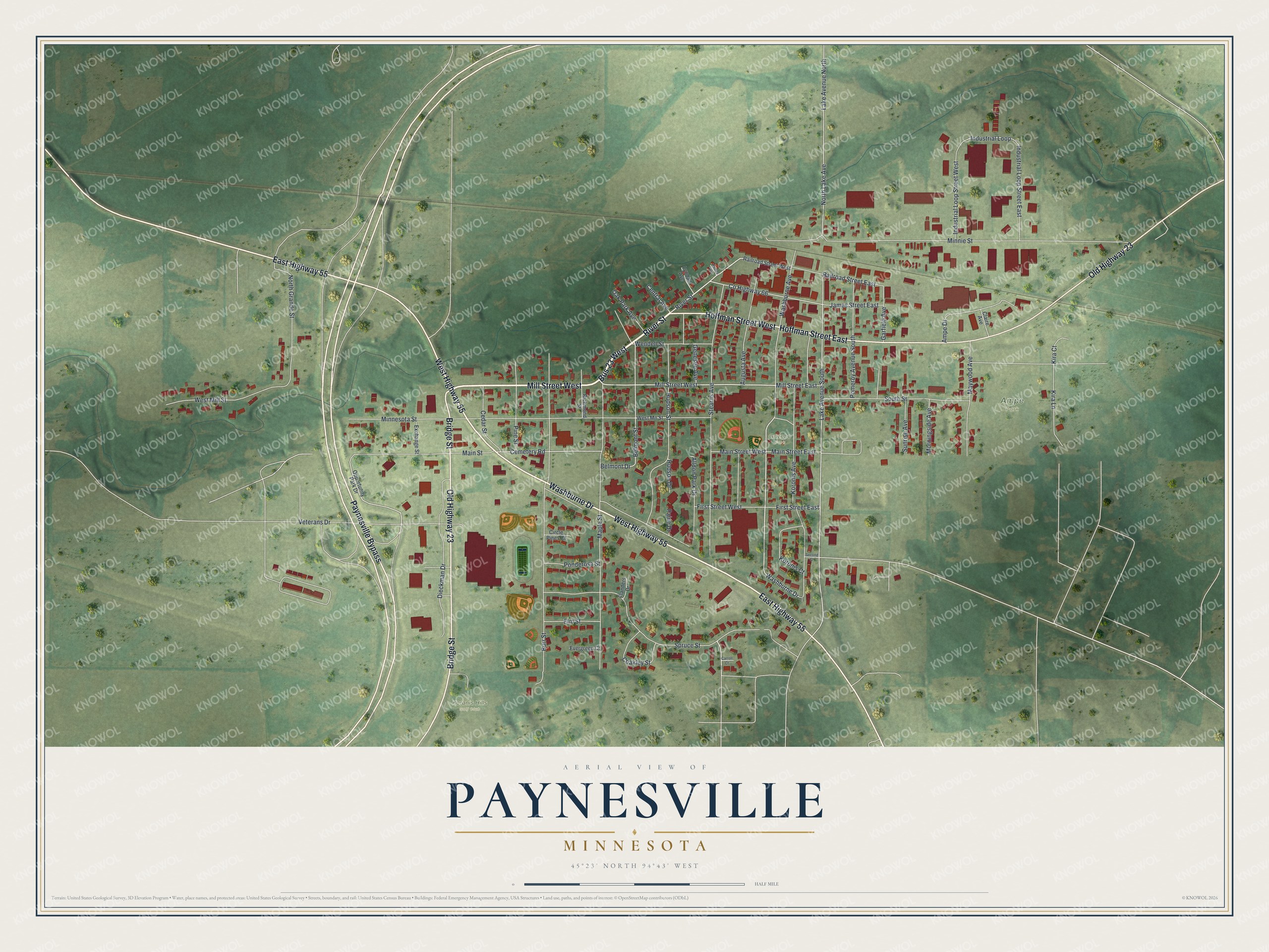 Full map of Paynesville, Minnesota, with red buildings, printed street names and the land around them