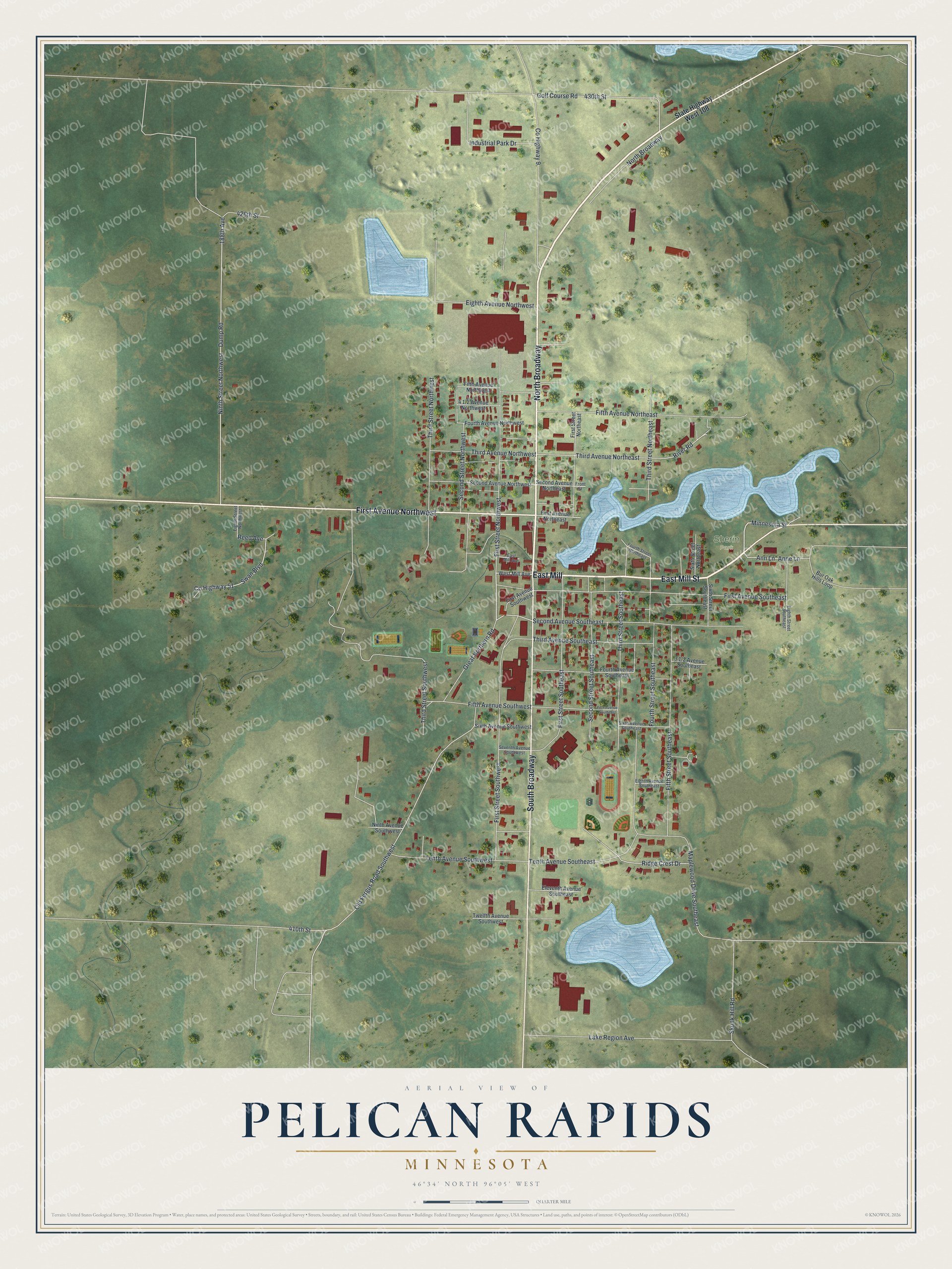Full map of Pelican Rapids, Minnesota, with red buildings, printed street names and the land around them