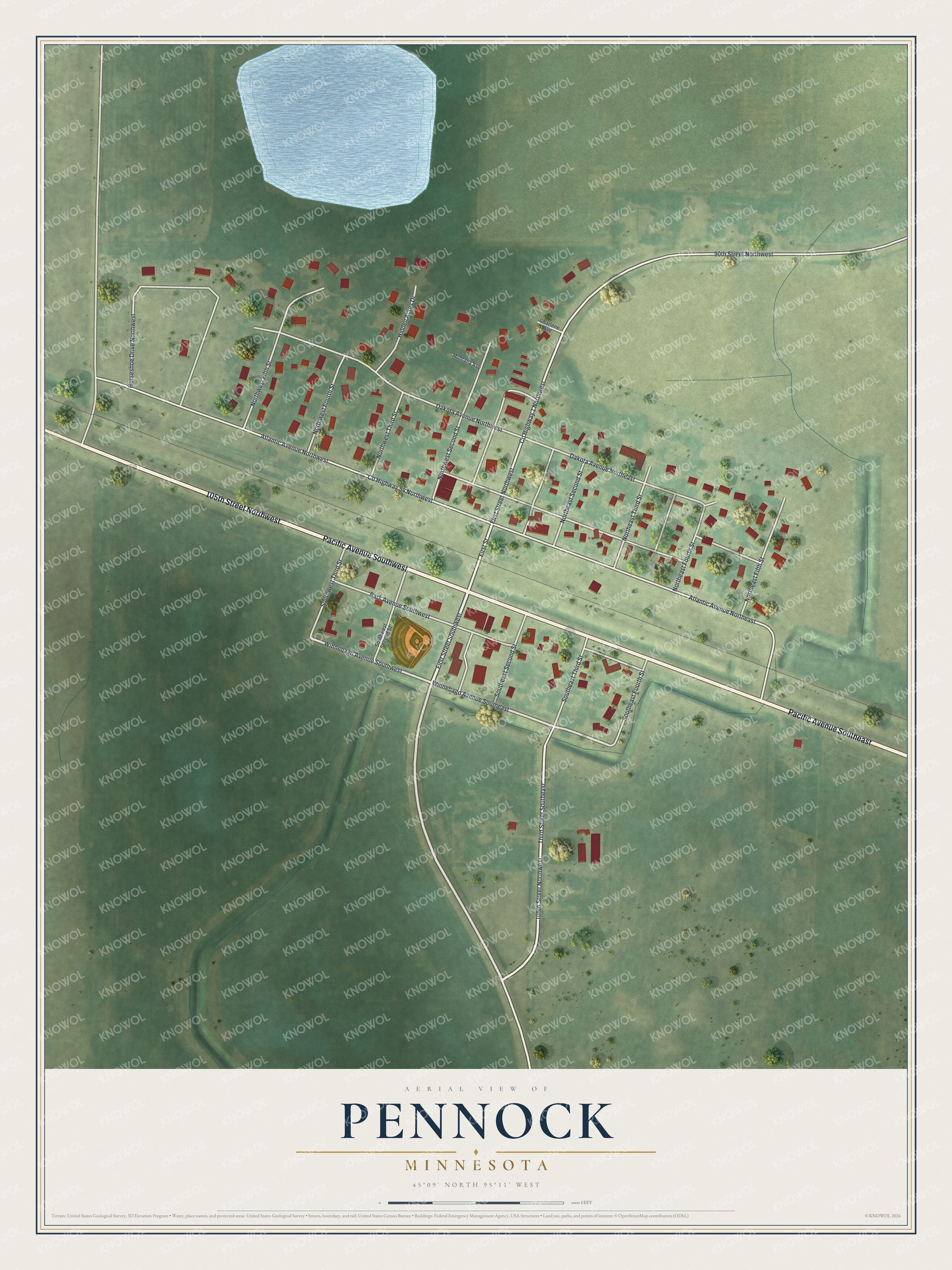 Full map of Pennock, Minnesota, with red buildings, printed street names and the land around them