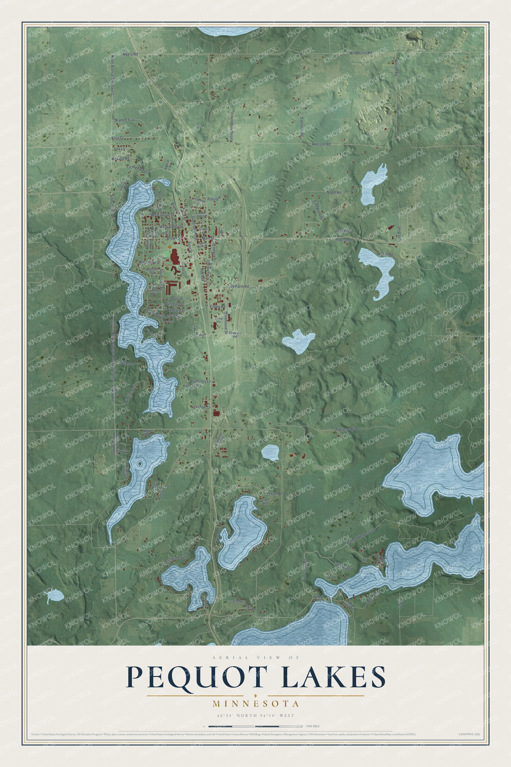 Full map of Pequot Lakes, Minnesota, with red buildings, printed street names and the land around them