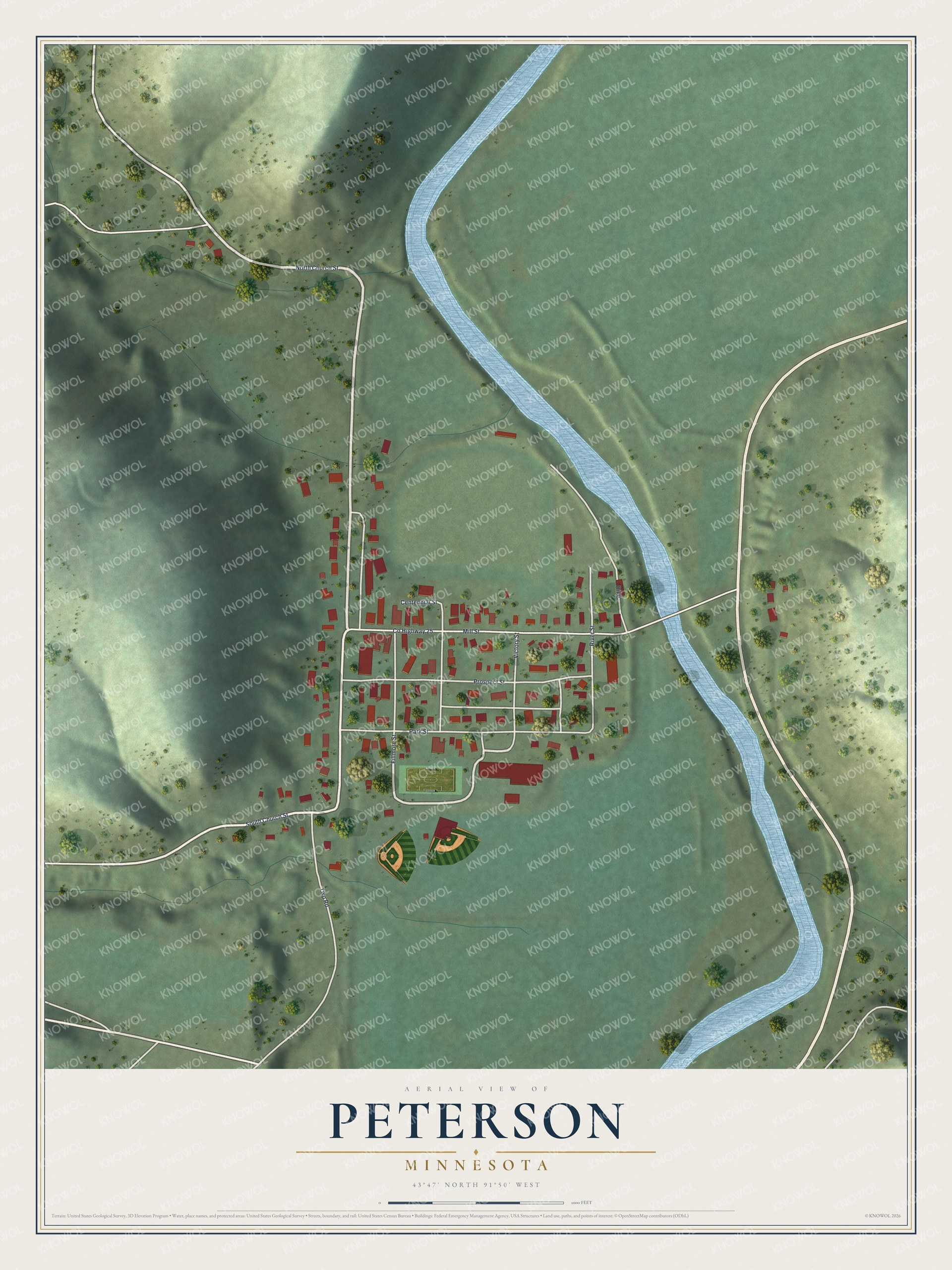 Full map of Peterson, Minnesota, with red buildings, printed street names and the land around them