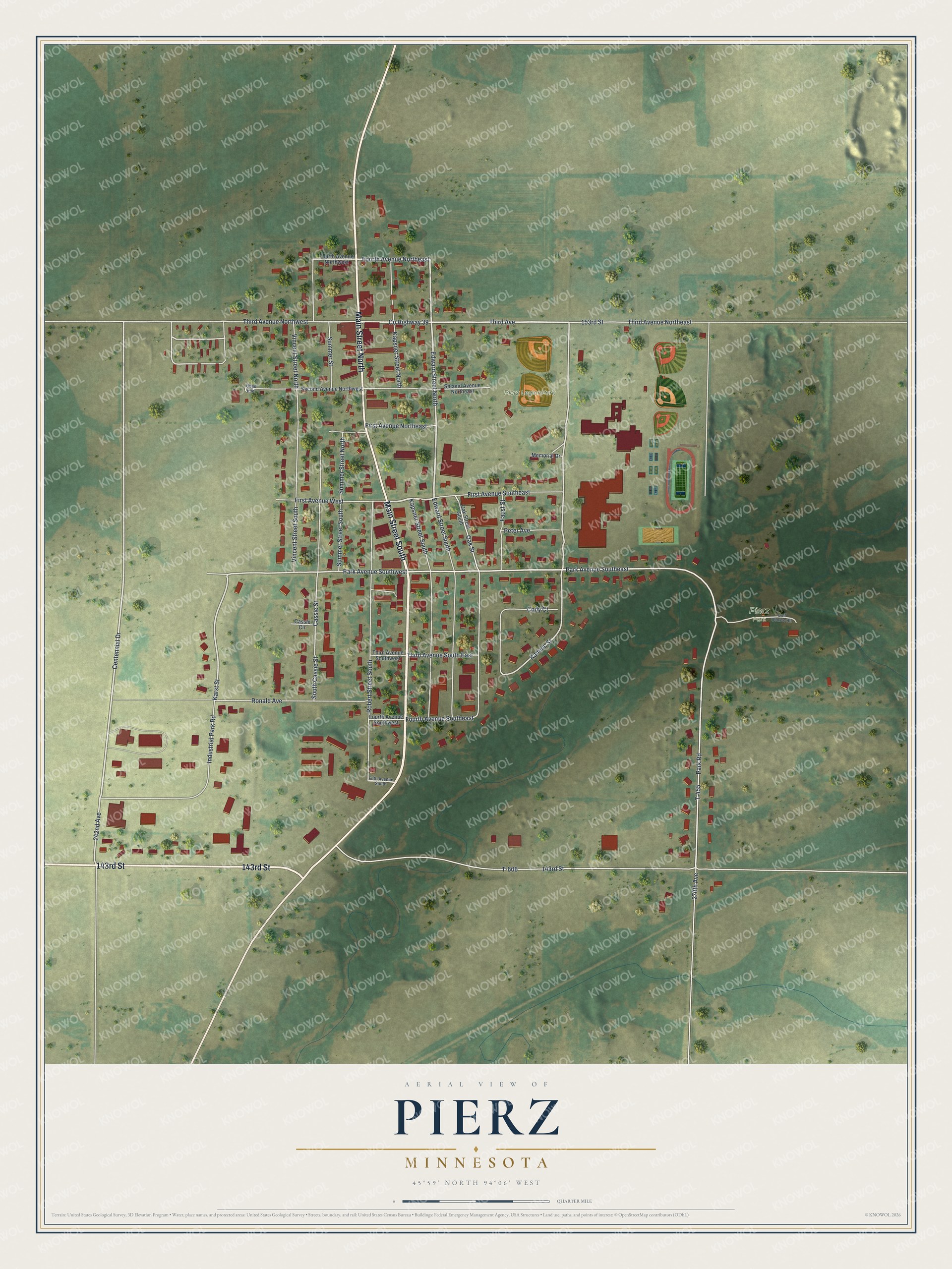Full map of Pierz, Minnesota, with red buildings, printed street names and the land around them