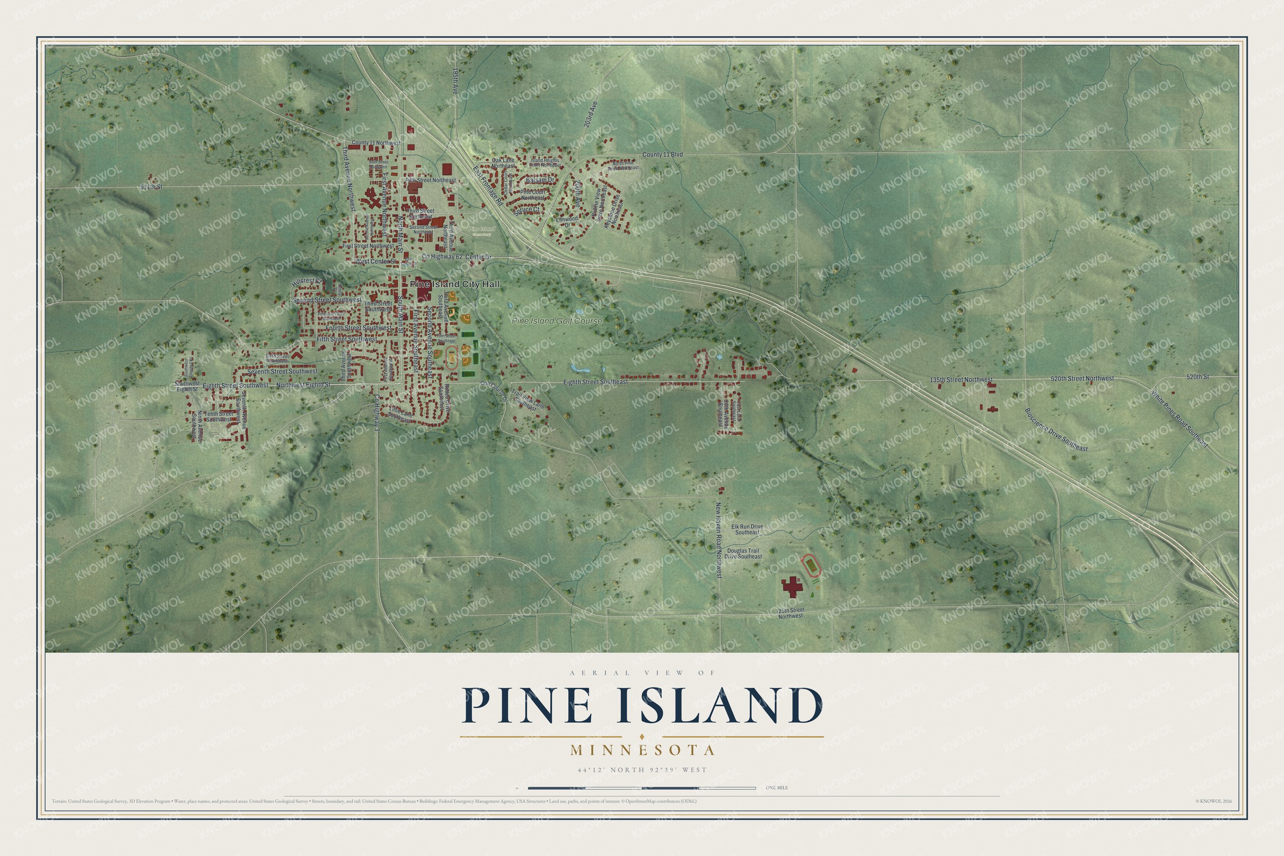 Full map of Pine Island, Minnesota, with red buildings, printed street names and the land around them