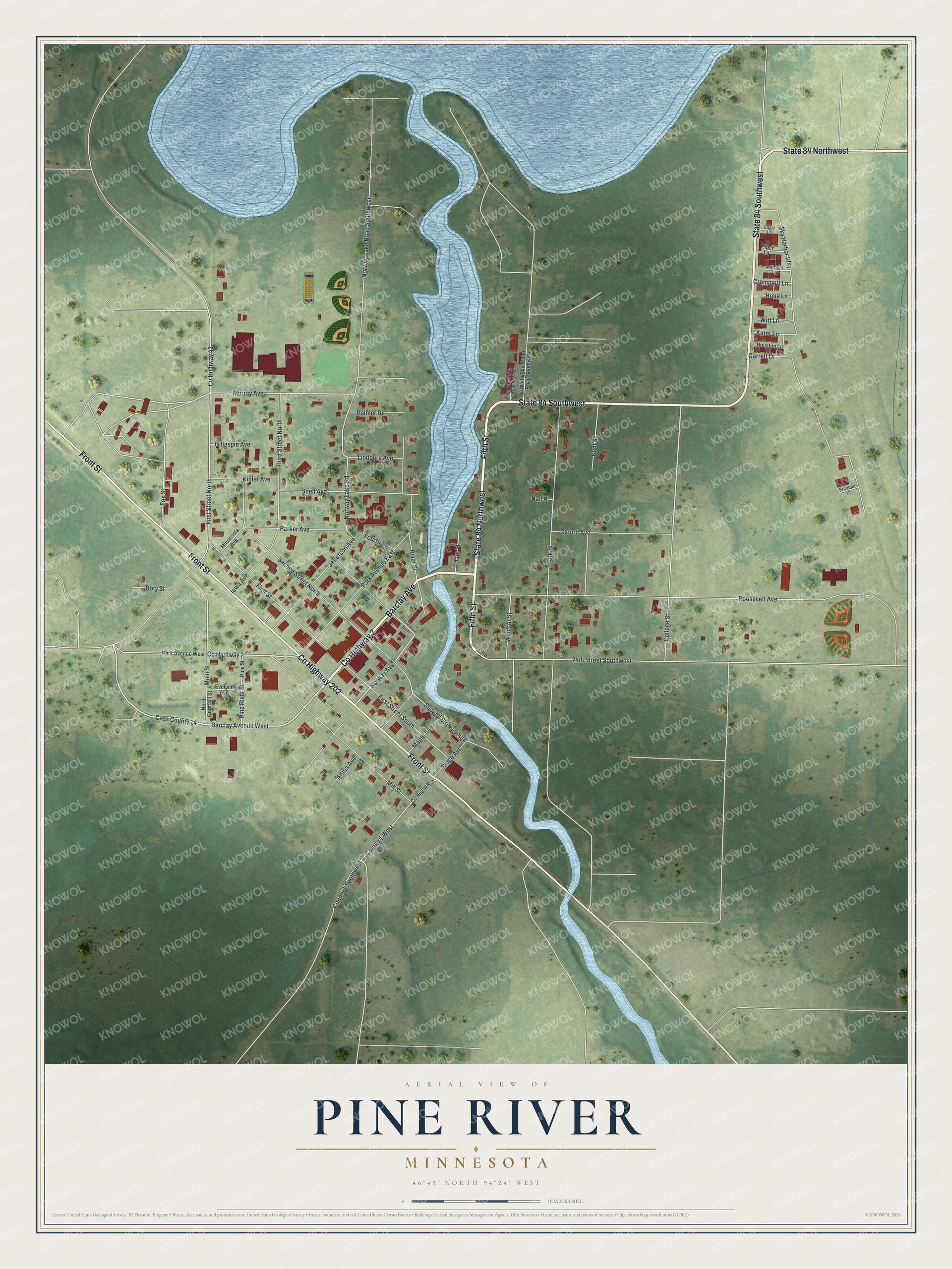 Full map of Pine River, Minnesota, with red buildings, printed street names and the land around them