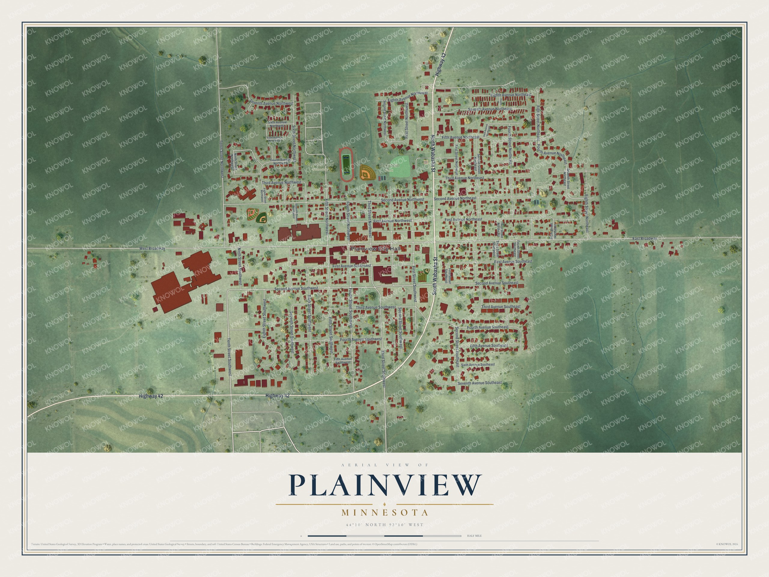 Full map of Plainview, Minnesota, with red buildings, printed street names and the land around them