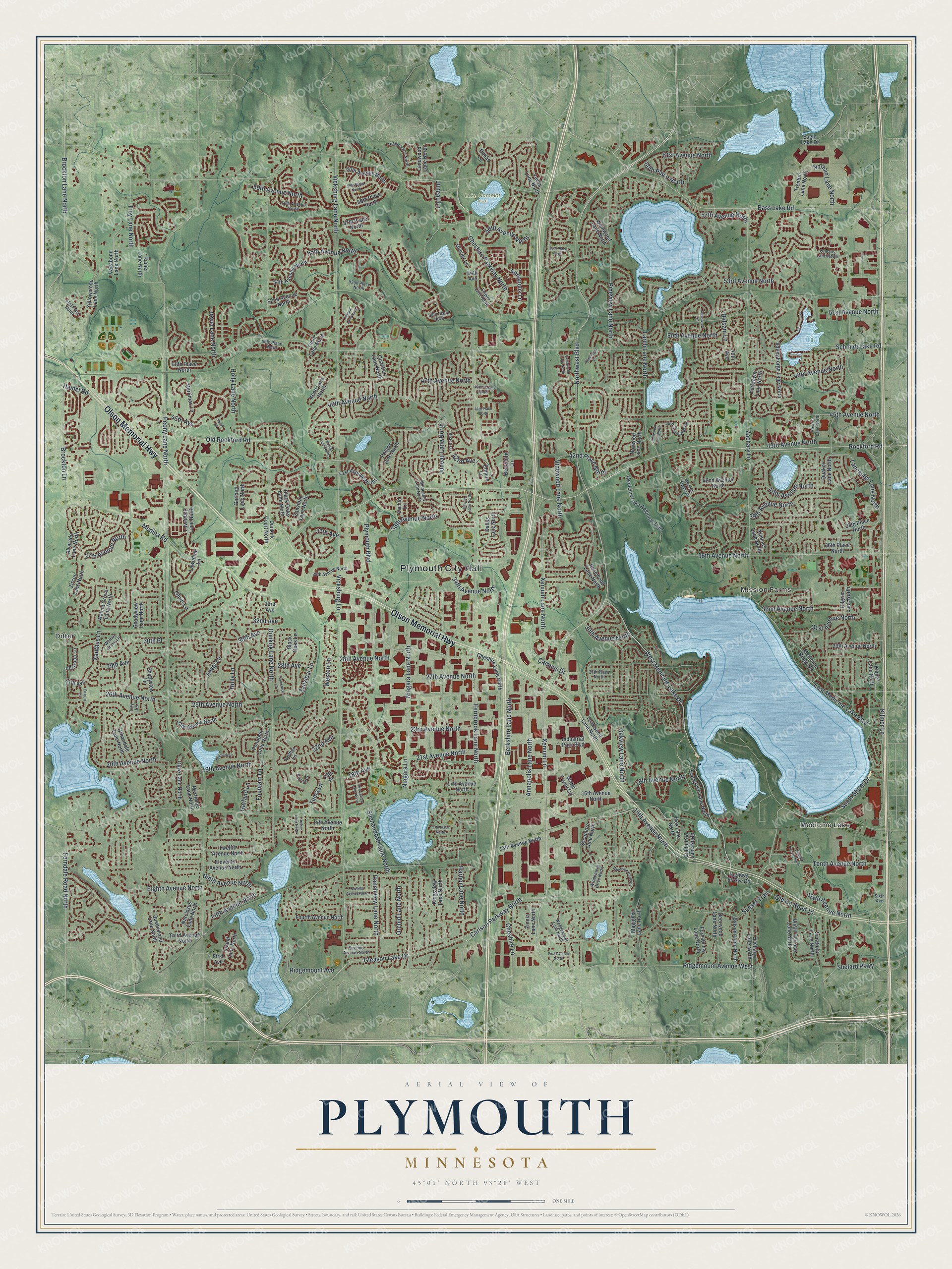 Full map of Plymouth, Minnesota, with red buildings, printed street names and the land around them